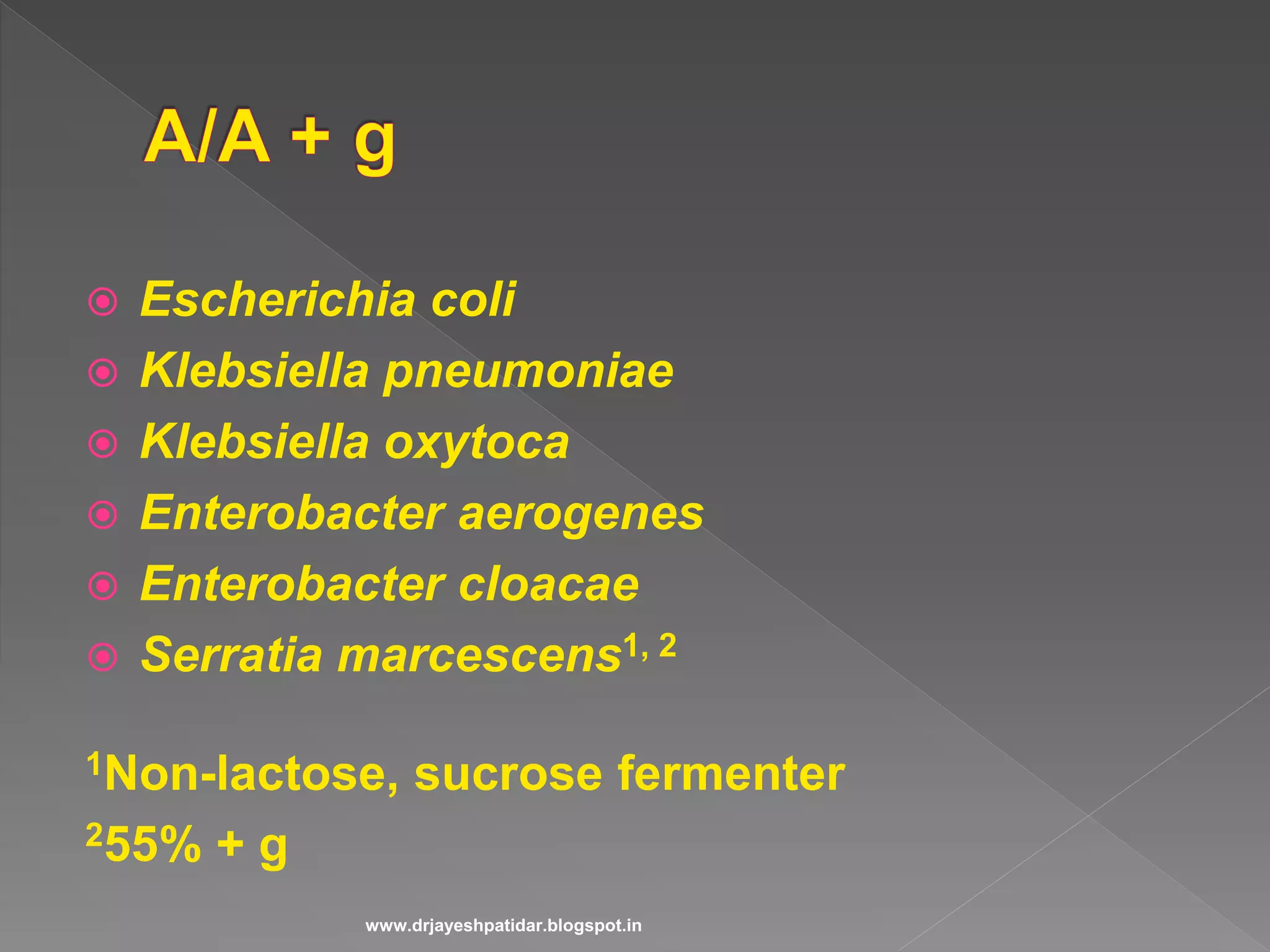  Escherichia coli
 Klebsiella pneumoniae
 Klebsiella oxytoca
 Enterobacter aerogenes
 Enterobacter cloacae
 Serratia marcescens1, 2
1Non-lactose, sucrose fermenter
255% + g
www.drjayeshpatidar.blogspot.in
 