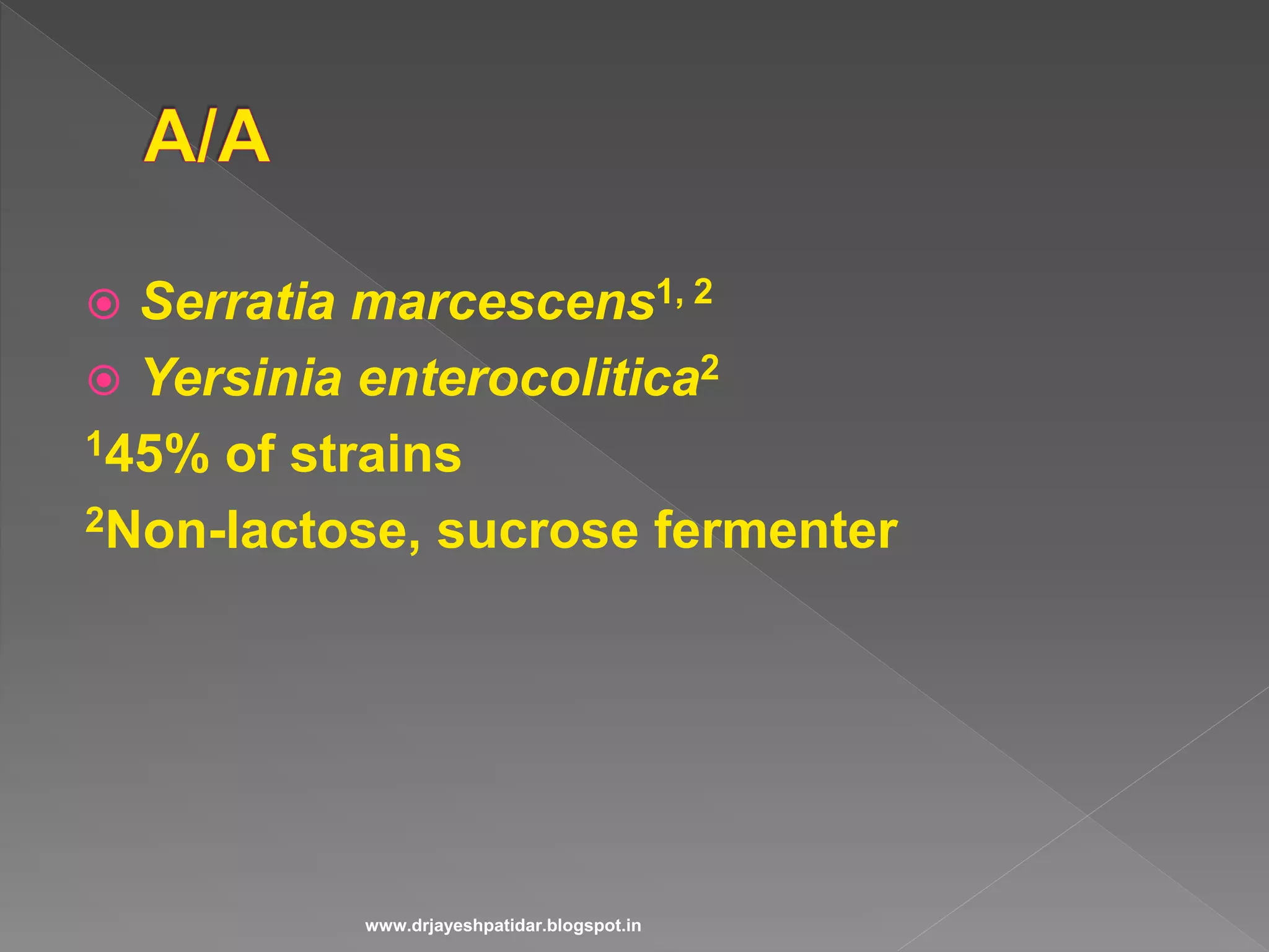  Serratia marcescens1, 2
 Yersinia enterocolitica2
145% of strains
2Non-lactose, sucrose fermenter
www.drjayeshpatidar.blogspot.in
 