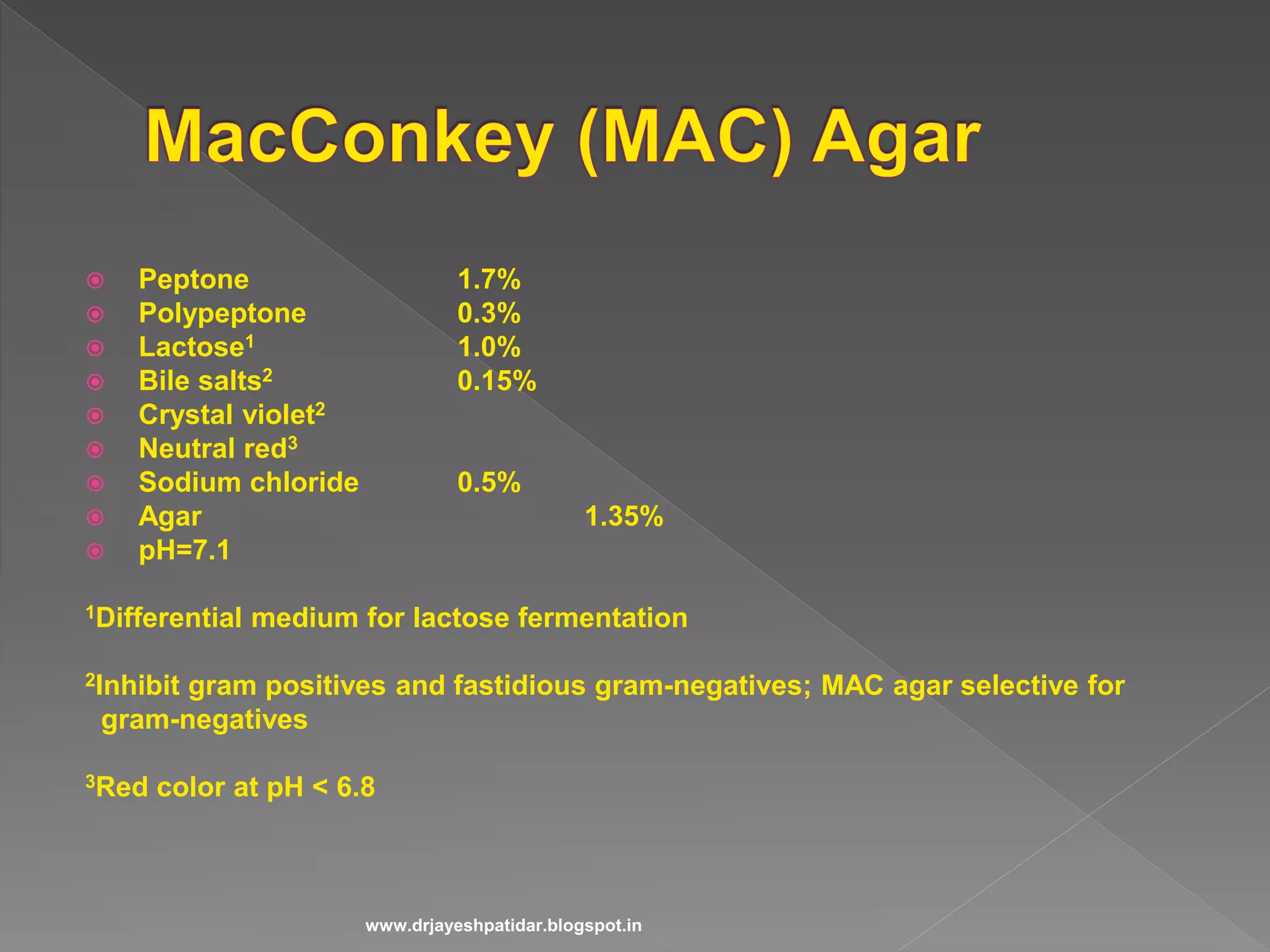  Peptone 1.7%
 Polypeptone 0.3%
 Lactose1 1.0%
 Bile salts2 0.15%
 Crystal violet2
 Neutral red3
 Sodium chloride 0.5%
 Agar 1.35%
 pH=7.1
1Differential medium for lactose fermentation
2Inhibit gram positives and fastidious gram-negatives; MAC agar selective for
gram-negatives
3Red color at pH < 6.8
www.drjayeshpatidar.blogspot.in
 