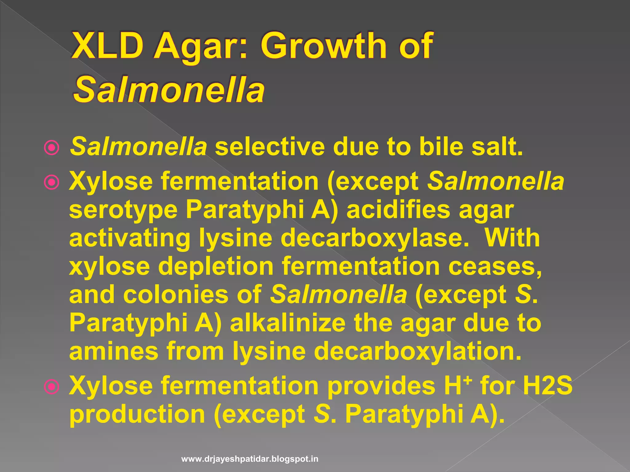  Salmonella selective due to bile salt.
 Xylose fermentation (except Salmonella
serotype Paratyphi A) acidifies agar
activating lysine decarboxylase. With
xylose depletion fermentation ceases,
and colonies of Salmonella (except S.
Paratyphi A) alkalinize the agar due to
amines from lysine decarboxylation.
 Xylose fermentation provides H+ for H2S
production (except S. Paratyphi A).
www.drjayeshpatidar.blogspot.in
 