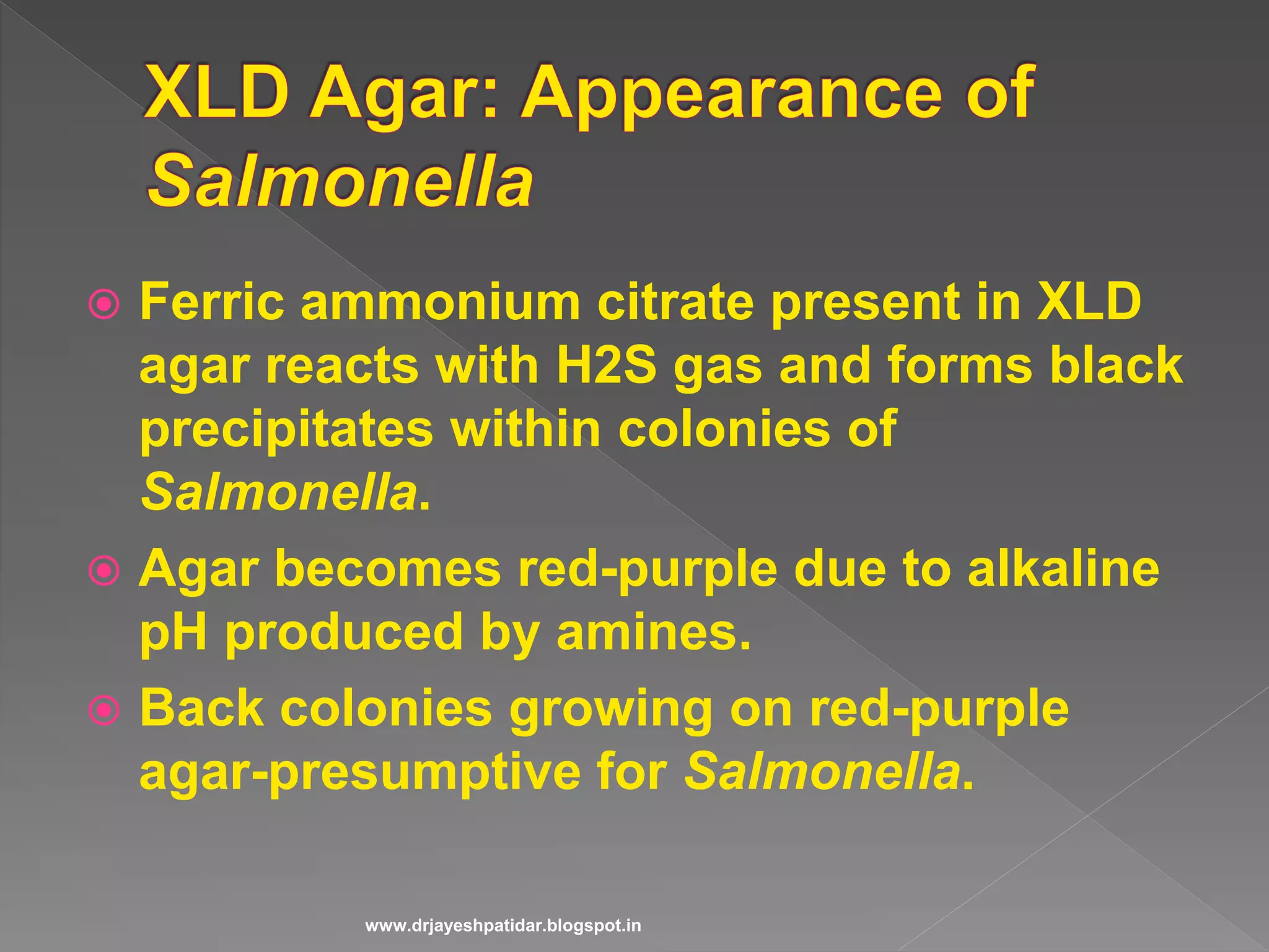  Ferric ammonium citrate present in XLD
agar reacts with H2S gas and forms black
precipitates within colonies of
Salmonella.
 Agar becomes red-purple due to alkaline
pH produced by amines.
 Back colonies growing on red-purple
agar-presumptive for Salmonella.
www.drjayeshpatidar.blogspot.in
 
