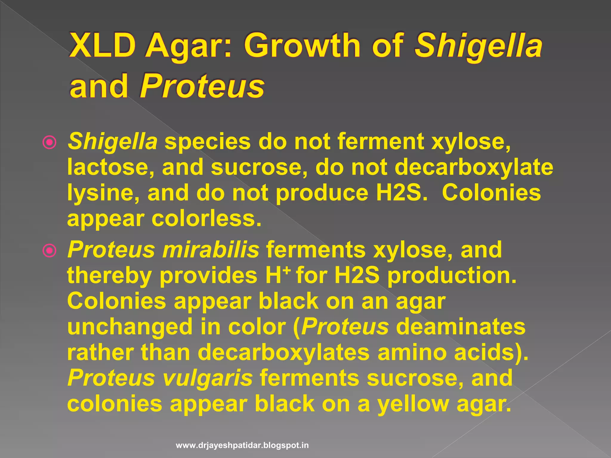  Shigella species do not ferment xylose,
lactose, and sucrose, do not decarboxylate
lysine, and do not produce H2S. Colonies
appear colorless.
 Proteus mirabilis ferments xylose, and
thereby provides H+ for H2S production.
Colonies appear black on an agar
unchanged in color (Proteus deaminates
rather than decarboxylates amino acids).
Proteus vulgaris ferments sucrose, and
colonies appear black on a yellow agar.
www.drjayeshpatidar.blogspot.in
 