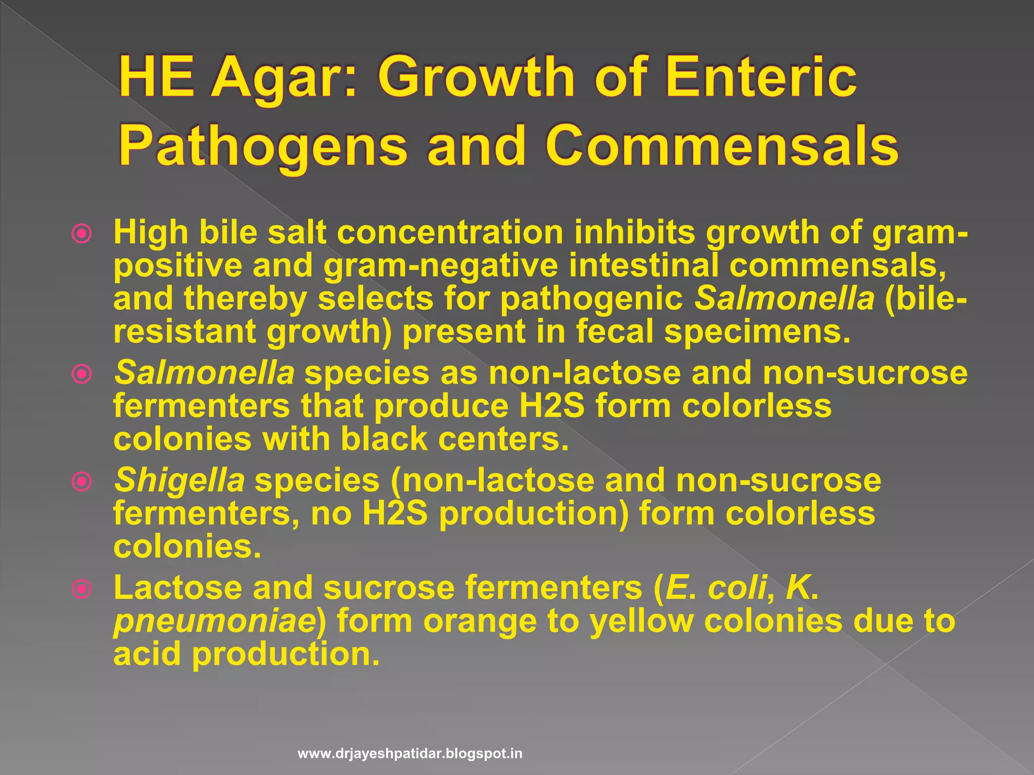  High bile salt concentration inhibits growth of gram-
positive and gram-negative intestinal commensals,
and thereby selects for pathogenic Salmonella (bile-
resistant growth) present in fecal specimens.
 Salmonella species as non-lactose and non-sucrose
fermenters that produce H2S form colorless
colonies with black centers.
 Shigella species (non-lactose and non-sucrose
fermenters, no H2S production) form colorless
colonies.
 Lactose and sucrose fermenters (E. coli, K.
pneumoniae) form orange to yellow colonies due to
acid production.
www.drjayeshpatidar.blogspot.in
 