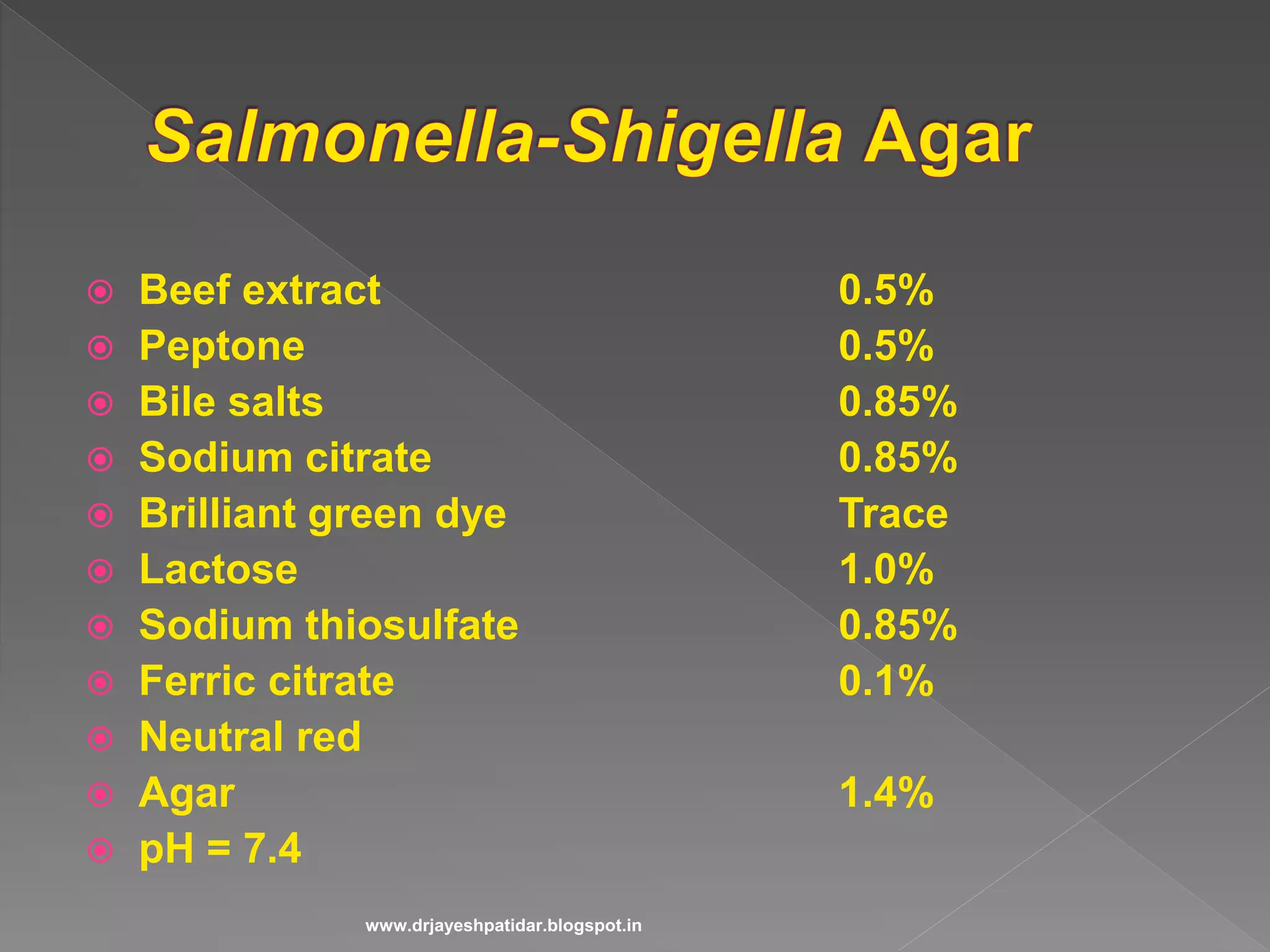 Beef extract 0.5%
 Peptone 0.5%
 Bile salts 0.85%
 Sodium citrate 0.85%
 Brilliant green dye Trace
 Lactose 1.0%
 Sodium thiosulfate 0.85%
 Ferric citrate 0.1%
 Neutral red
 Agar 1.4%
 pH = 7.4
www.drjayeshpatidar.blogspot.in
 