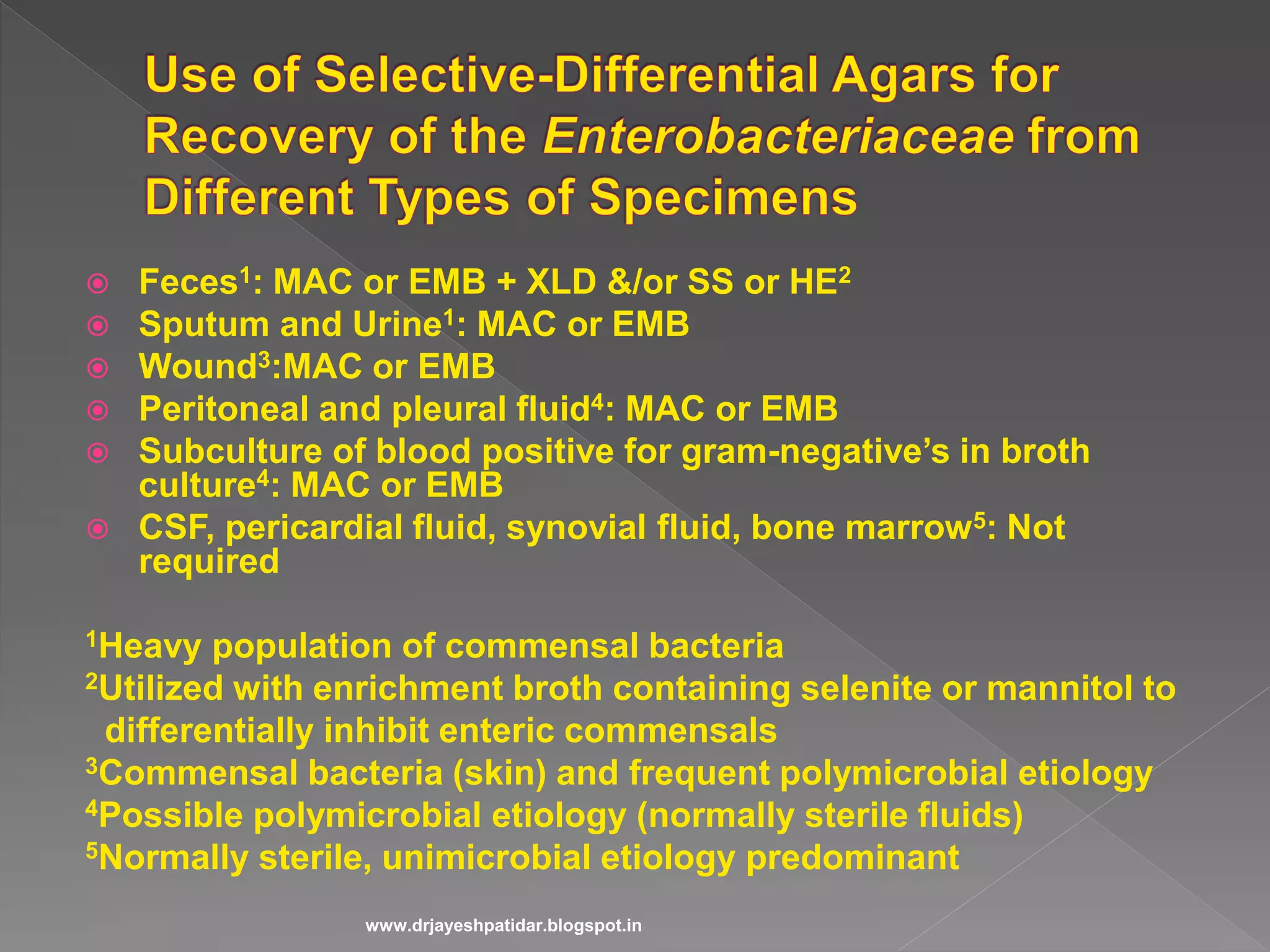  Feces1: MAC or EMB + XLD &/or SS or HE2
 Sputum and Urine1: MAC or EMB
 Wound3:MAC or EMB
 Peritoneal and pleural fluid4: MAC or EMB
 Subculture of blood positive for gram-negative’s in broth
culture4: MAC or EMB
 CSF, pericardial fluid, synovial fluid, bone marrow5: Not
required
1Heavy population of commensal bacteria
2Utilized with enrichment broth containing selenite or mannitol to
differentially inhibit enteric commensals
3Commensal bacteria (skin) and frequent polymicrobial etiology
4Possible polymicrobial etiology (normally sterile fluids)
5Normally sterile, unimicrobial etiology predominant
www.drjayeshpatidar.blogspot.in
 
