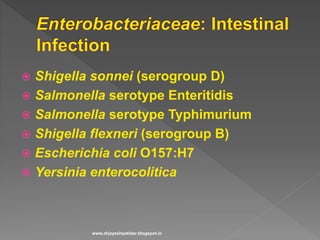  Shigella sonnei (serogroup D)
 Salmonella serotype Enteritidis
 Salmonella serotype Typhimurium
 Shigella flexneri (serogroup B)
 Escherichia coli O157:H7
 Yersinia enterocolitica
www.drjayeshpatidar.blogspot.in
 
