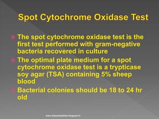  The spot cytochrome oxidase test is the
first test performed with gram-negative
bacteria recovered in culture
 The optimal plate medium for a spot
cytochrome oxidase test is a trypticase
soy agar (TSA) containing 5% sheep
blood
 Bacterial colonies should be 18 to 24 hr
old
www.drjayeshpatidar.blogspot.in
 