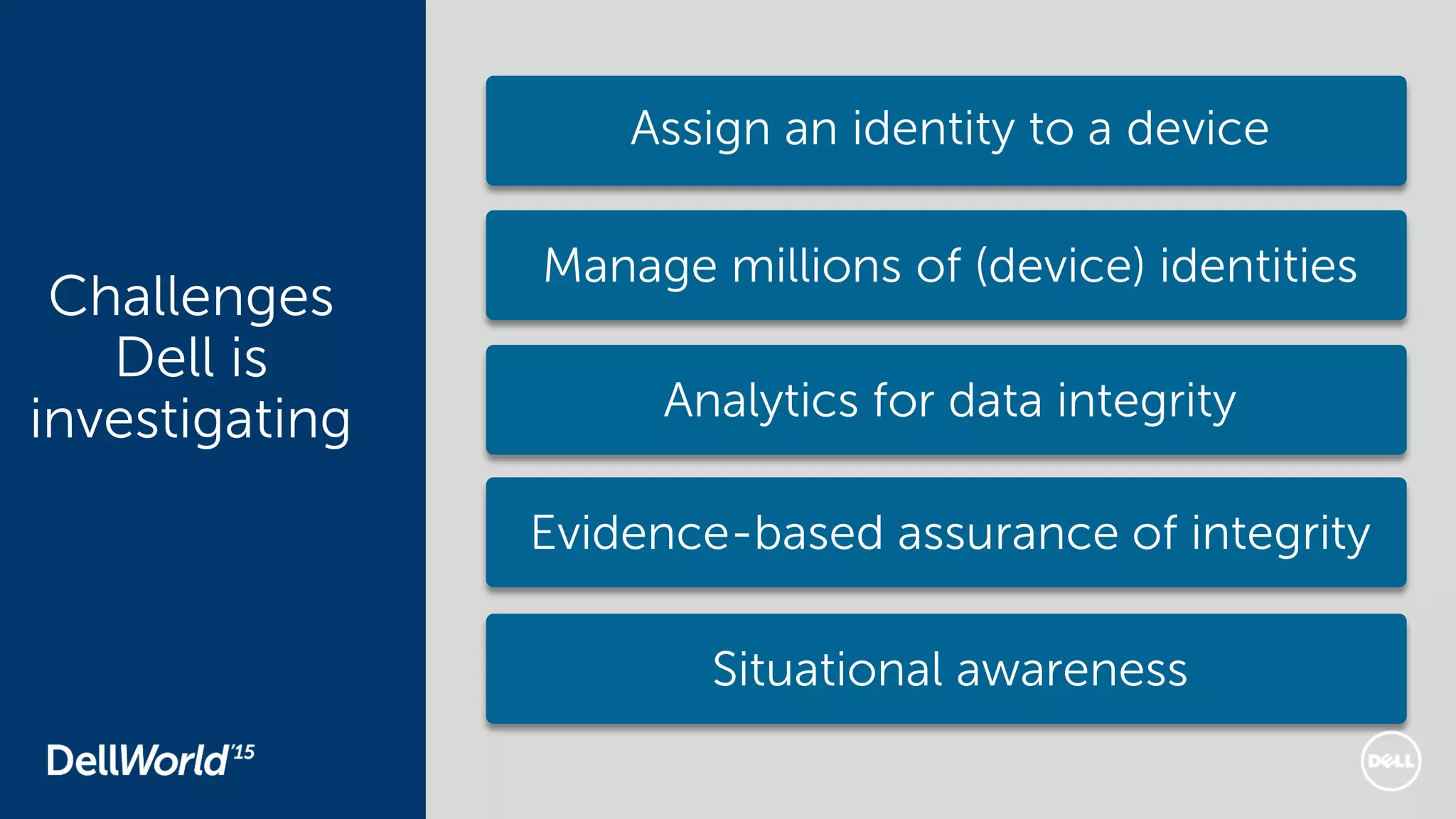 Challenges
Dell is
investigating
Assign an identity to a device
Situational awareness
Evidence-based assurance of integrity
Analytics for data integrity
Manage millions of (device) identities
 