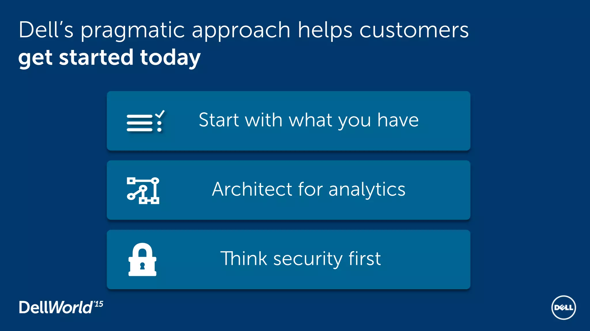 Architect for analytics
Start with what you have
Think security first
Dell’s pragmatic approach helps customers
get started today
 