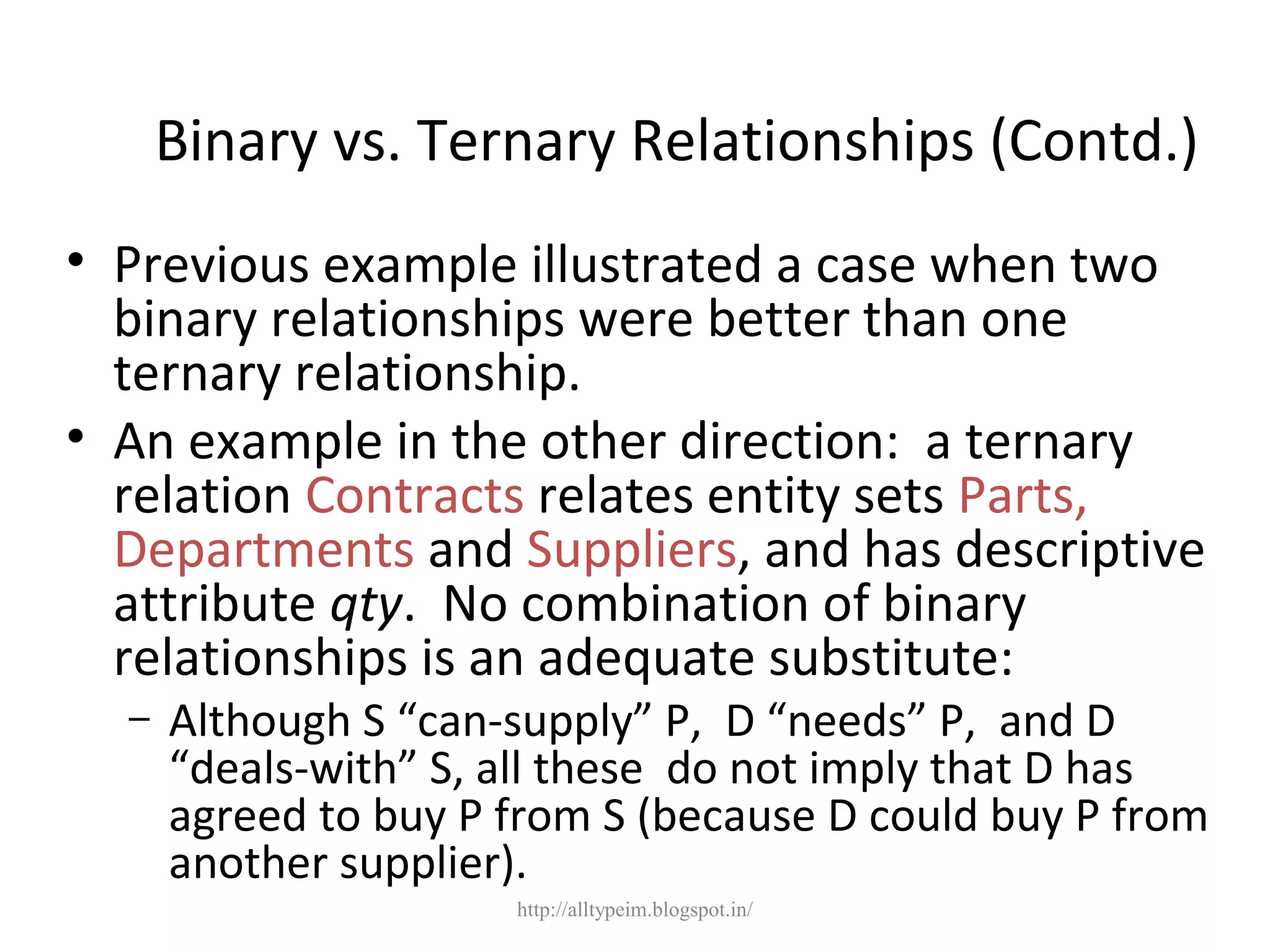 Binary vs. Ternary Relationships (Contd.)
• Previous example illustrated a case when two
binary relationships were better than one
ternary relationship.
• An example in the other direction: a ternary
relation Contracts relates entity sets Parts,
Departments and Suppliers, and has descriptive
attribute qty. No combination of binary
relationships is an adequate substitute:
– Although S “can-supply” P, D “needs” P, and D
“deals-with” S, all these do not imply that D has
agreed to buy P from S (because D could buy P from
another supplier).
http://alltypeim.blogspot.in/
 