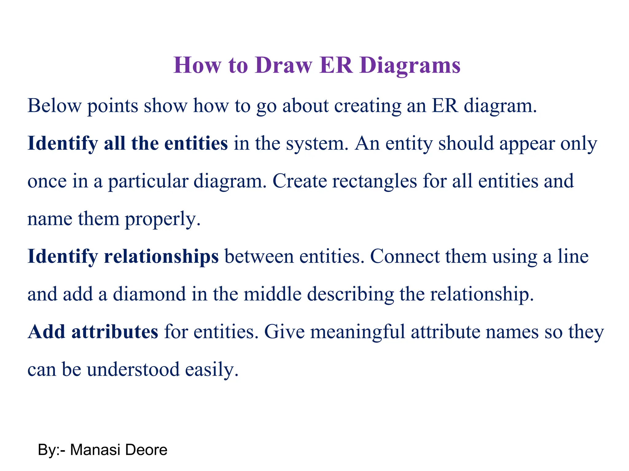 How to Draw ER Diagrams
Below points show how to go about creating an ER diagram.
Identify all the entities in the system. An entity should appear only
once in a particular diagram. Create rectangles for all entities and
name them properly.
Identify relationships between entities. Connect them using a line
and add a diamond in the middle describing the relationship.
Add attributes for entities. Give meaningful attribute names so they
can be understood easily.
By:- Manasi Deore
 