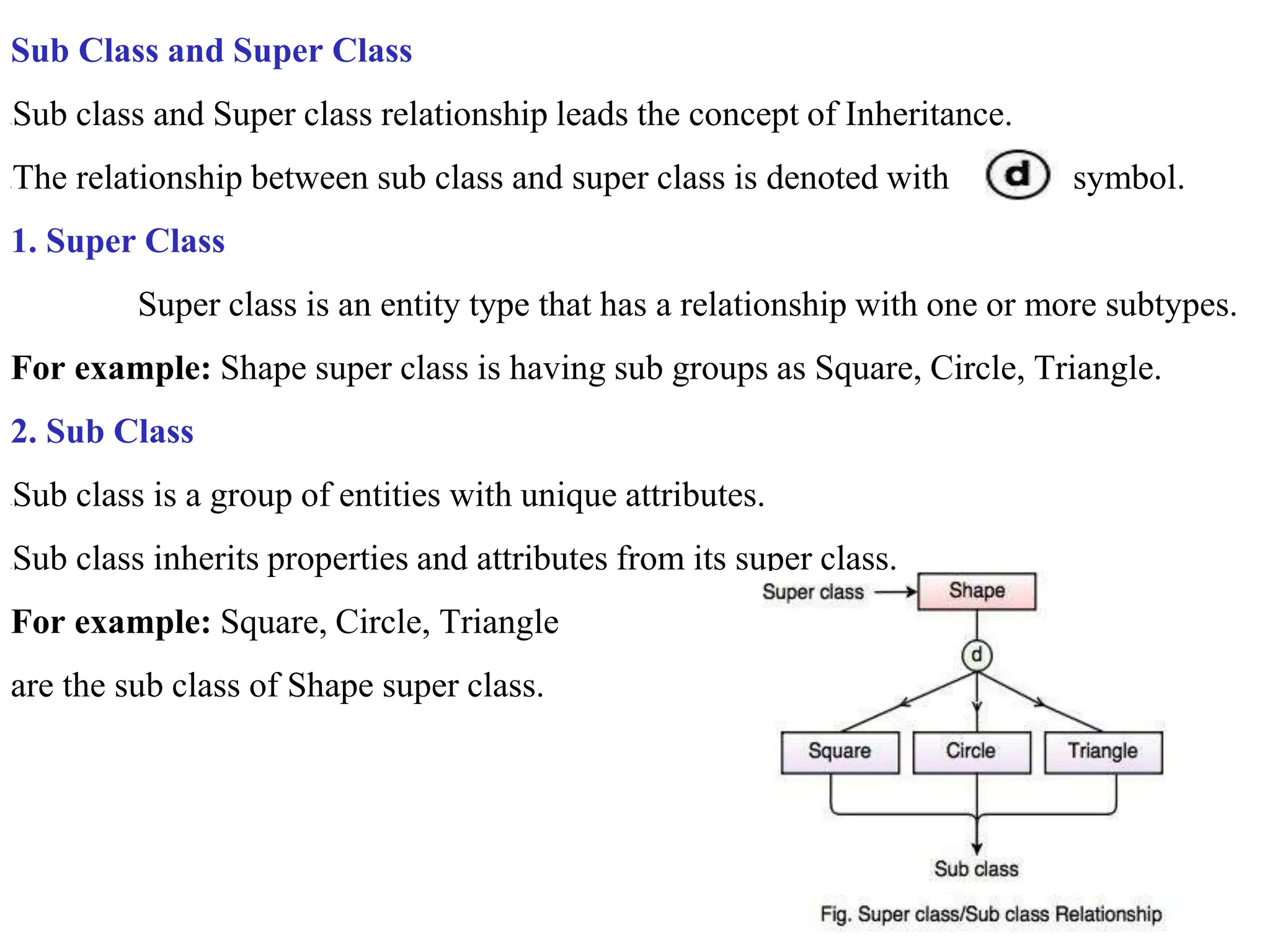 By:- Manasi Deore
Introduction Database
System
Sub Class and Super Class
•Sub class and Super class relationship leads the concept of Inheritance.
•The relationship between sub class and super class is denoted with symbol.
1. Super Class
Super class is an entity type that has a relationship with one or more subtypes.
For example: Shape super class is having sub groups as Square, Circle, Triangle.
2. Sub Class
•Sub class is a group of entities with unique attributes.
•Sub class inherits properties and attributes from its super class.
For example: Square, Circle, Triangle
are the sub class of Shape super class.
 