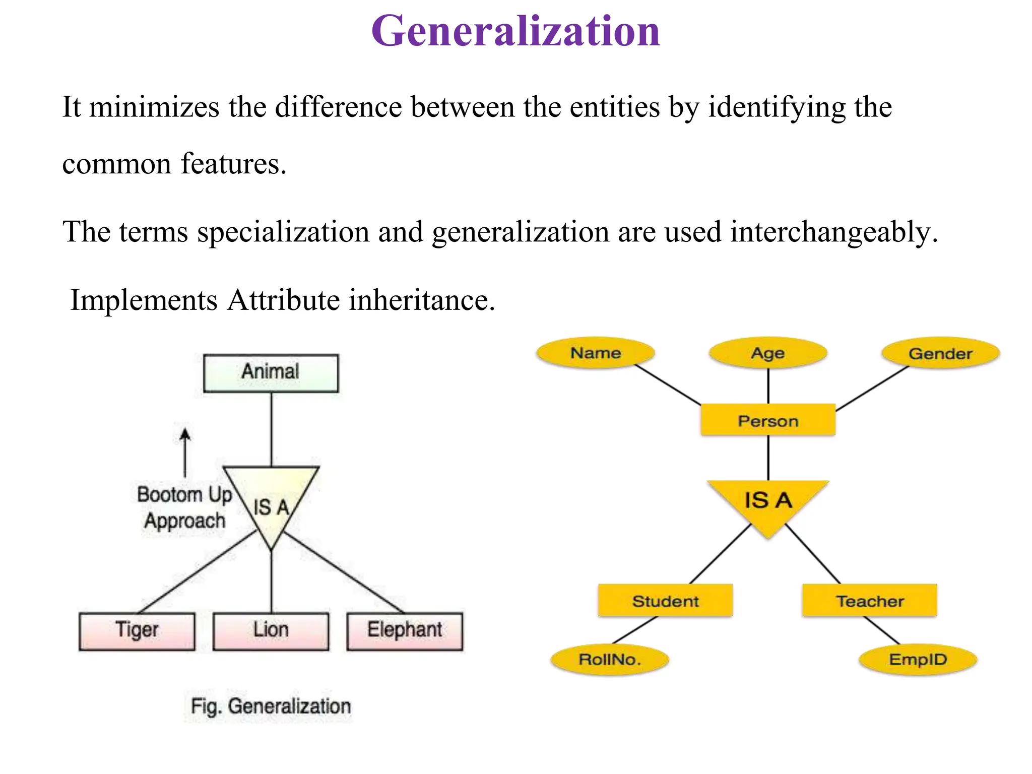 Generalization
It minimizes the difference between the entities by identifying the
common features.
The terms specialization and generalization are used interchangeably.
Implements Attribute inheritance.
 