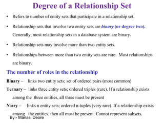 Degree of a Relationship Set
• Refers to number of entity sets that participate in a relationship set.
• Relationship sets that involve two entity sets are binary (or degree two).
Generally, most relationship sets in a database system are binary.
• Relationship sets may involve more than two entity sets.
• Relationships between more than two entity sets are rare. Most relationships
are binary.
The number of roles in the relationship
Binary – links two entity sets; set of ordered pairs (most common)
Ternary – links three entity sets; ordered triples (rare). If a relationship exists
among the three entities, all three must be present
N-ary – links n entity sets; ordered n-tuples (very rare). If a relationship exists
among the entities, then all must be present. Cannot represent subsets.
By:- Manasi Deore
 