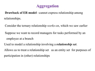 Aggregation
Drawback of ER model –cannot express relationship among
relationships.
Consider the ternary relationship works-on, which we saw earlier
Suppose we want to record managers for tasks performed by an
employee at a branch
Used to model a relationship involving a relationship set.
Allows us to treat a relationship set as an entity set for purposes of
participation in (other) relationships
 
