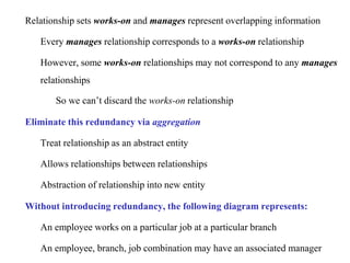 • Relationship sets works-on and manages represent overlapping information
– Every manages relationship corresponds to a works-on relationship
– However, some works-on relationships may not correspond to any manages
relationships
• So we can’t discard the works-on relationship
• Eliminate this redundancy via aggregation
– Treat relationship as an abstract entity
– Allows relationships between relationships
– Abstraction of relationship into new entity
• Without introducing redundancy, the following diagram represents:
– An employee works on a particular job at a particular branch
– An employee, branch, job combination may have an associated manager
 