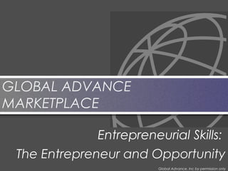 The Entrepreneur and Opportunity
Global Advance, Inc by permission only
Entrepreneurial Skills:
GLOBAL ADVANCE
MARKETPLACE
GLOBAL ADVANCE
MARKETPLACE
 