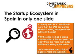 The Startup Ecosystem in
Spain in only one slide
A country with 47 M. inhabitants,
more than 3 M SMB companies
with not a strong entrepreneurial
culture in the past.
With the crisis we had a strong
transformation in the last years and
today there are more than 3.000
entities supporting entrepreneurs.
Lest’s look a few ones, click at
logos for more info (Spanish)
 