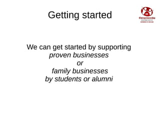 Getting started
We can get started by supporting
proven businesses
or
family businesses
by students or alumni
 