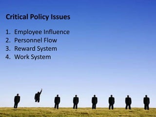 Critical Policy Issues
1. Employee Influence
2. Personnel Flow
3. Reward System
4. Work System
 