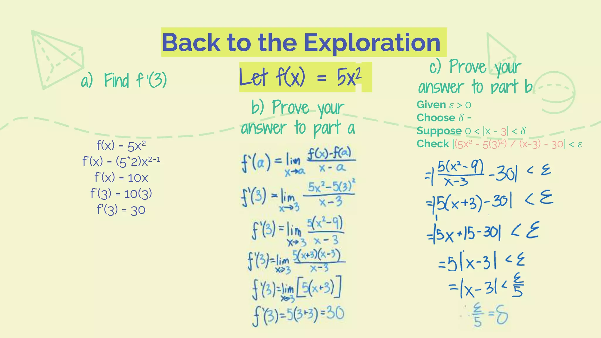 a) Find f ’(3)
c) Prove your
answer to part b
b) Prove your
answer to part a
Back to the Exploration
Let f(x) = 5x2
f(x) = 5x2
f’(x) = (5*2)x2-1
f’(x) = 10x
f’(3) = 10(3)
f’(3) = 30
Ummmm…?
Given 𝜀 > 0
Choose 𝛿 =
Suppose 0 < |x - 3| < 𝛿
Check |(5x2 - 5(3)2) / (x-3) - 30| < 𝜀
 