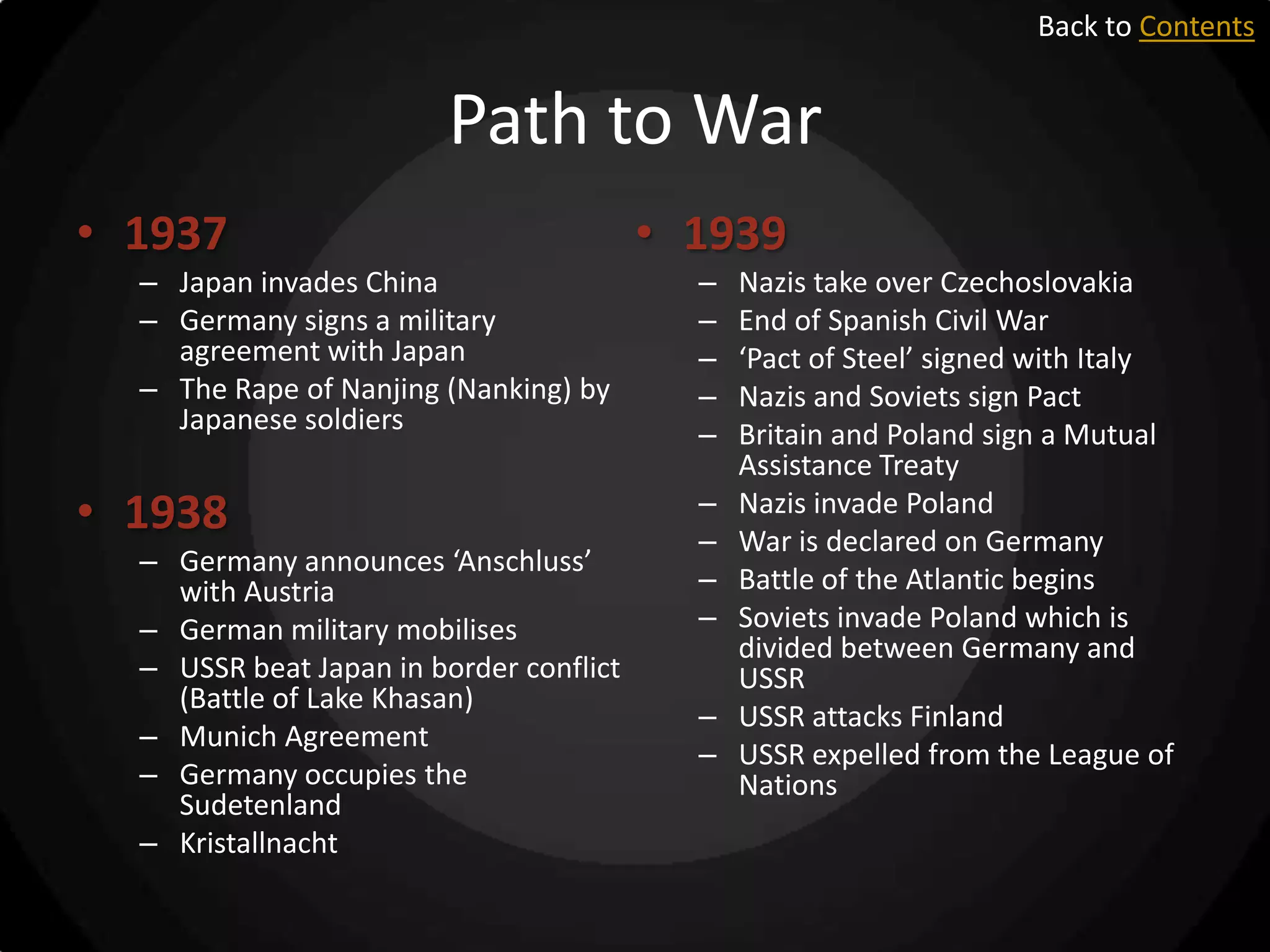 Back to Contents

Path to War
• 1937
– Japan invades China
– Germany signs a military
agreement with Japan
– The Rape of Nanjing (Nanking) by
Japanese soldiers

• 1938
– Germany announces ‘Anschluss’
with Austria
– German military mobilises
– USSR beat Japan in border conflict
(Battle of Lake Khasan)
– Munich Agreement
– Germany occupies the
Sudetenland
– Kristallnacht

• 1939
–
–
–
–
–
–
–
–
–
–
–

Nazis take over Czechoslovakia
End of Spanish Civil War
‘Pact of Steel’ signed with Italy
Nazis and Soviets sign Pact
Britain and Poland sign a Mutual
Assistance Treaty
Nazis invade Poland
War is declared on Germany
Battle of the Atlantic begins
Soviets invade Poland which is
divided between Germany and
USSR
USSR attacks Finland
USSR expelled from the League of
Nations

 