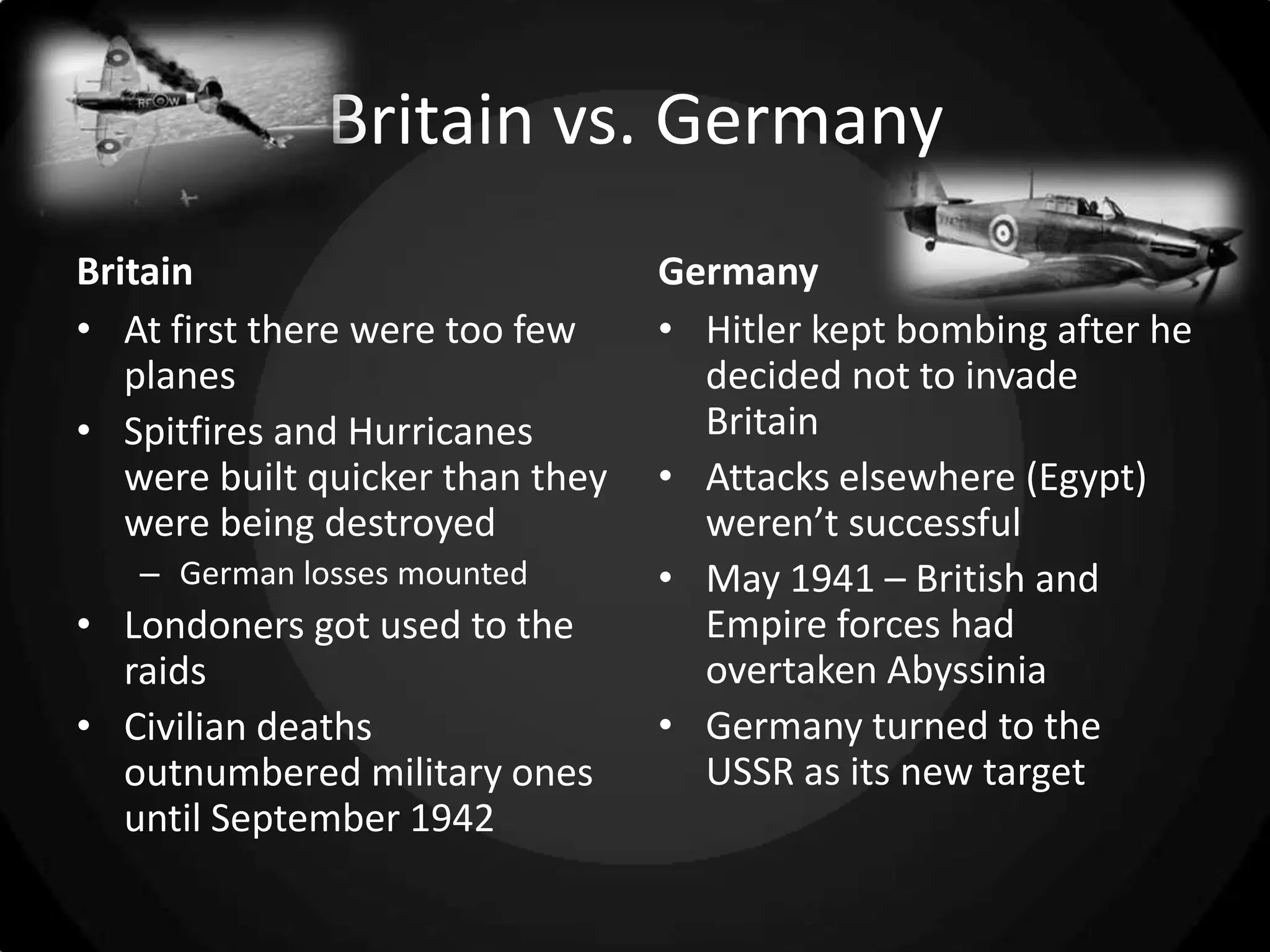 Britain vs. Germany
Britain
• At first there were too few
planes
• Spitfires and Hurricanes
were built quicker than they
were being destroyed
– German losses mounted

• Londoners got used to the
raids
• Civilian deaths
outnumbered military ones
until September 1942

Germany
• Hitler kept bombing after he
decided not to invade
Britain
• Attacks elsewhere (Egypt)
weren’t successful
• May 1941 – British and
Empire forces had
overtaken Abyssinia
• Germany turned to the
USSR as its new target

 