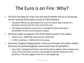 The	
  Euro	
  is	
  on	
  Fire:	
  Why?	
  
•  The	
  Euro	
  has	
  been	
  on	
  a	
  tear	
  over	
  the	
  past	
  8	
  months	
  due	
  to	
  an	
  increasing	
  
current	
  account	
  (CA)	
  surplus	
  as	
  well	
  as	
  USD	
  weakness.	
  	
  
–  European	
  oﬃcials	
  are	
  poinCng	
  to	
  the	
  Euro’s	
  8-­‐month	
  high	
  as	
  proof	
  of	
  a	
  
European	
  recovery	
  but	
  this	
  may	
  not	
  be	
  the	
  case.	
  	
  
–  The	
  largest	
  contributor	
  to	
  the	
  Euro’s	
  strength	
  has	
  been	
  Germany’s	
  
contribuCon	
  to	
  the	
  current	
  account	
  surplus.	
  

•  Germany	
  makes	
  up	
  approx.	
  67%	
  of	
  the	
  total	
  Eurozone’s	
  CA	
  surplus.	
  	
  
–  Total	
  EU	
  CA	
  =	
  363B	
  USD;	
  Germany	
  CA	
  =241B	
  USD	
  
–  In	
  2012,	
  Germany	
  =	
  104%	
  of	
  EU’s	
  CA	
  surplus.	
  	
  

•  Germany’s	
  largest	
  trading	
  partner	
  is	
  the	
  rest	
  of	
  Europe;	
  CA	
  surplus	
  implies	
  
Germany	
  not	
  purchasing	
  goods	
  and	
  services	
  from	
  the	
  periphery.	
  
–  Italy,	
  Spain,	
  Portugal	
  and	
  Greece	
  will	
  not	
  be	
  able	
  to	
  address	
  their	
  employment	
  
issues	
  unless	
  Germany	
  increases	
  consumpCon	
  of	
  goods	
  produced	
  in	
  the	
  
periphery.	
  The	
  data	
  suggests	
  that	
  this	
  is	
  not	
  happening.	
  	
  

	
  
Nariman	
  Point,	
  LLC	
  

5	
  

 