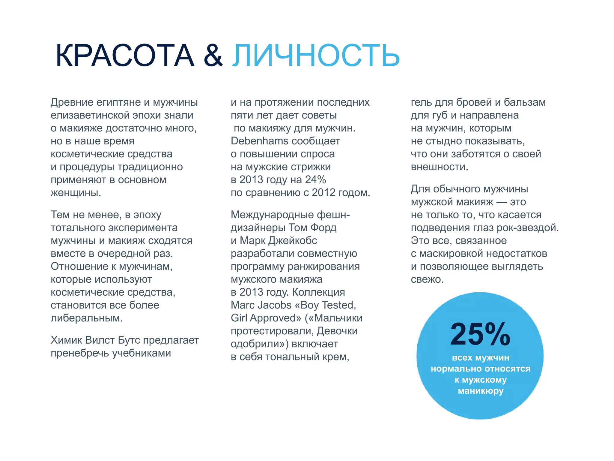 КРАСОТА & ЛИЧНОСТЬ
Древние египтяне и мужчины
елизаветинской эпохи знали
о макияже достаточно много,
но в наше время
косметические средства
и процедуры традиционно
применяют в основном
женщины.
Тем не менее, в эпоху
тотального эксперимента
мужчины и макияж сходятся
вместе в очередной раз.
Отношение к мужчинам,
которые используют
косметические средства,
становится все более
либеральным.
Химик Вилст Бутс предлагает
пренебречь учебниками
и на протяжении последних
пяти лет дает советы
по макияжу для мужчин.
Debenhams сообщает
о повышении спроса
на мужские стрижки
в 2013 году на 24%
по сравнению с 2012 годом.
Международные фешн-
дизайнеры Том Форд
и Марк Джейкобс
разработали совместную
программу ранжирования
мужского макияжа
в 2013 году. Коллекция
Marc Jacobs «Boy Tested,
Girl Approved» («Мальчики
протестировали, Девочки
одобрили») включает
в себя тональный крем,
гель для бровей и бальзам
для губ и направлена
на мужчин, которым
не стыдно показывать,
что они заботятся о своей
внешности.
Для обычного мужчины
мужской макияж — это
не только то, что касается
подведения глаз рок-звездой.
Это все, связанное
с маскировкой недостатков
и позволяющее выглядеть
свежо.
25%
всех мужчин
нормально относятся
к мужскому
маникюру
 
