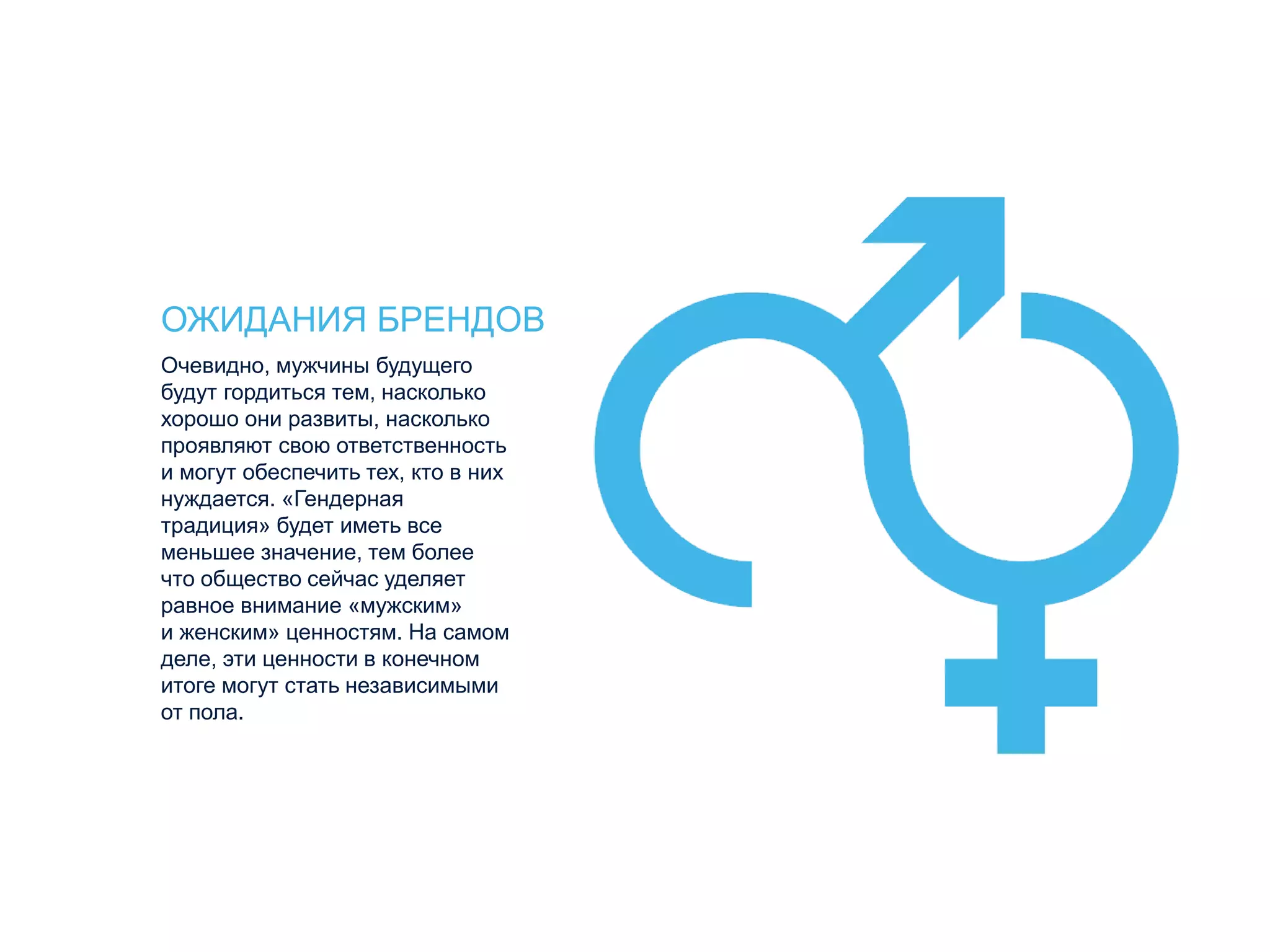 ОЖИДАНИЯ БРЕНДОВ
Очевидно, мужчины будущего
будут гордиться тем, насколько
хорошо они развиты, насколько
проявляют свою ответственность
и могут обеспечить тех, кто в них
нуждается. «Гендерная
традиция» будет иметь все
меньшее значение, тем более
что общество сейчас уделяет
равное внимание «мужским»
и женским» ценностям. На самом
деле, эти ценности в конечном
итоге могут стать независимыми
от пола.
 
