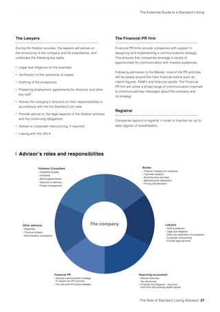 The Essential Guide to a Standard Listing
The Role of Standard Listing Advisors 27
The Lawyers
During the flotation process, the lawyers will advise on
the structuring of the company and its subsidiaries, and
undertake the following key tasks:
• Legal due diligence on the business
• Verification of the ownership of assets
• Drafting of the prospectus
• Preparing employment agreements for directors and other
key staff
• Advise the company’s directors on their responsibilities in
accordance with the the Standard List rules
• Provide advice on the legal aspects of the flotation process
and the continuing obligations
• Advise on corporate restructuring, if required
• Liasing with the UKLA
The Financial PR firm
Financial PR firms provide companies with support in
designing and implementing a communications strategy.
This ensures that companies leverage a variety of
opportunities for communication with investor audiences.
Following admission to the Market, most of the PR activities
will be based around the main financial events such as
interim figures, AGM’s and financial results. The Financial
PR firm will utilise a broad range of communication channels
to communicate key messages about the company and
its strategy.
Registrar
Companies appoint a registrar in order to maintain an up to
date register of shareholders.
Advisor’s roles and responsibilites
Broker
• Prepare company for roadshow
• Facilitate research
• Build the book pre-float
• Marketing and distribution
• Pricing and allocation
Lawyers
• Draft prospectus
• Legal due diligence
• Draft and verification of prospectus
• Corporate restructuring
• Provide legal opinions
Reporting accountant
• Review financials
• Tax structuring
• Financial due diligence - long form,
short form and working capital reports
Financial PR
• Develop communication strategy
to support pre-IPO process
• Pre and post-IPO press releases
Other advisors
• Registrars
• Financial printers
• Renumeration consultants
Flotation Consultant
• Feasibility studies
• Timetable
• Board appointments
• Selection of advisors
• Project management
The company
 