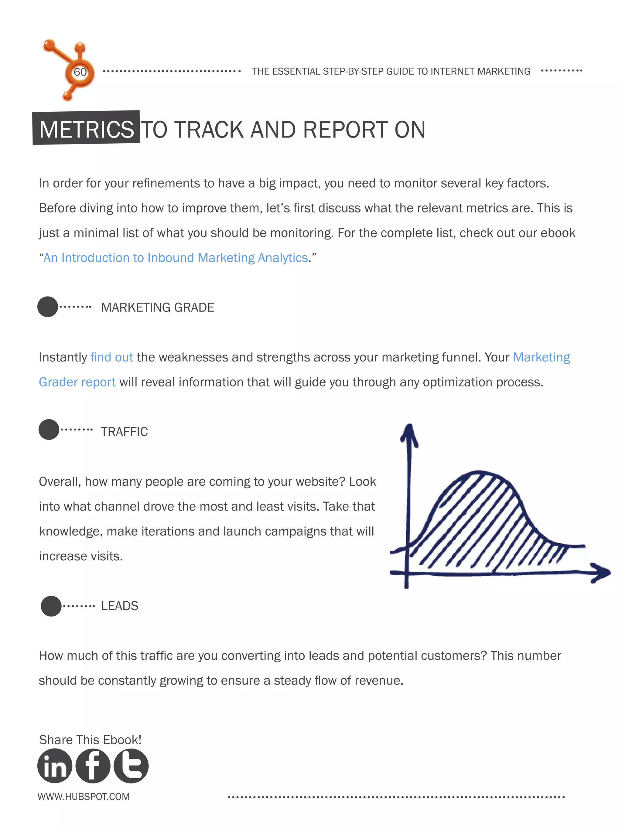 60                               the essential step-by-step guide to internet marketing




Metrics to track and report on

In order for your refinements to have a big impact, you need to monitor several key factors.
Before diving into how to improve them, let’s first discuss what the relevant metrics are. This is
just a minimal list of what you should be monitoring. For the complete list, check out our ebook
“An Introduction to Inbound Marketing Analytics.”


           Marketing Grade


Instantly find out the weaknesses and strengths across your marketing funnel. Your Marketing
Grader report will reveal information that will guide you through any optimization process.


           Traffic


Overall, how many people are coming to your website? Look
into what channel drove the most and least visits. Take that
knowledge, make iterations and launch campaigns that will
increase visits.


           Leads


How much of this traffic are you converting into leads and potential customers? This number
should be constantly growing to ensure a steady flow of revenue.



Share This Ebook!



www.Hubspot.com
 
