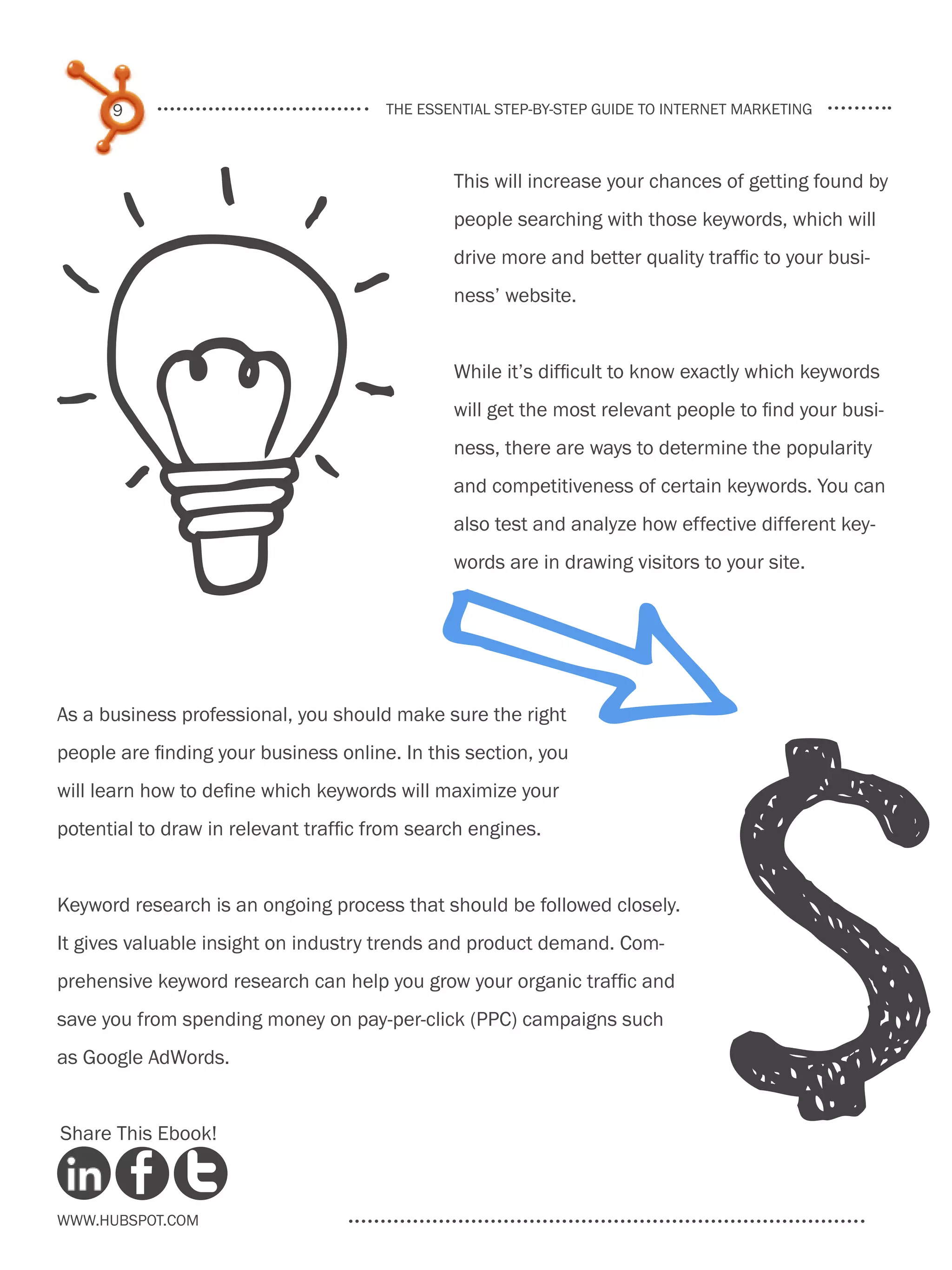 9                                the essential step-by-step guide to internet marketing



                                               This will increase your chances of getting found by
                                               people searching with those keywords, which will
                                               drive more and better quality traffic to your busi-
                                               ness’ website.


                                               While it’s difficult to know exactly which keywords
                                               will get the most relevant people to find your busi-
                                               ness, there are ways to determine the popularity
                                               and competitiveness of certain keywords. You can
                                               also test and analyze how effective different key-
                                               words are in drawing visitors to your site.




As a business professional, you should make sure the right
people are finding your business online. In this section, you
will learn how to define which keywords will maximize your
potential to draw in relevant traffic from search engines.


Keyword research is an ongoing process that should be followed closely.
It gives valuable insight on industry trends and product demand. Com-
prehensive keyword research can help you grow your organic traffic and
save you from spending money on pay-per-click (PPC) campaigns such
as Google AdWords.


Share This Ebook!



www.Hubspot.com
 