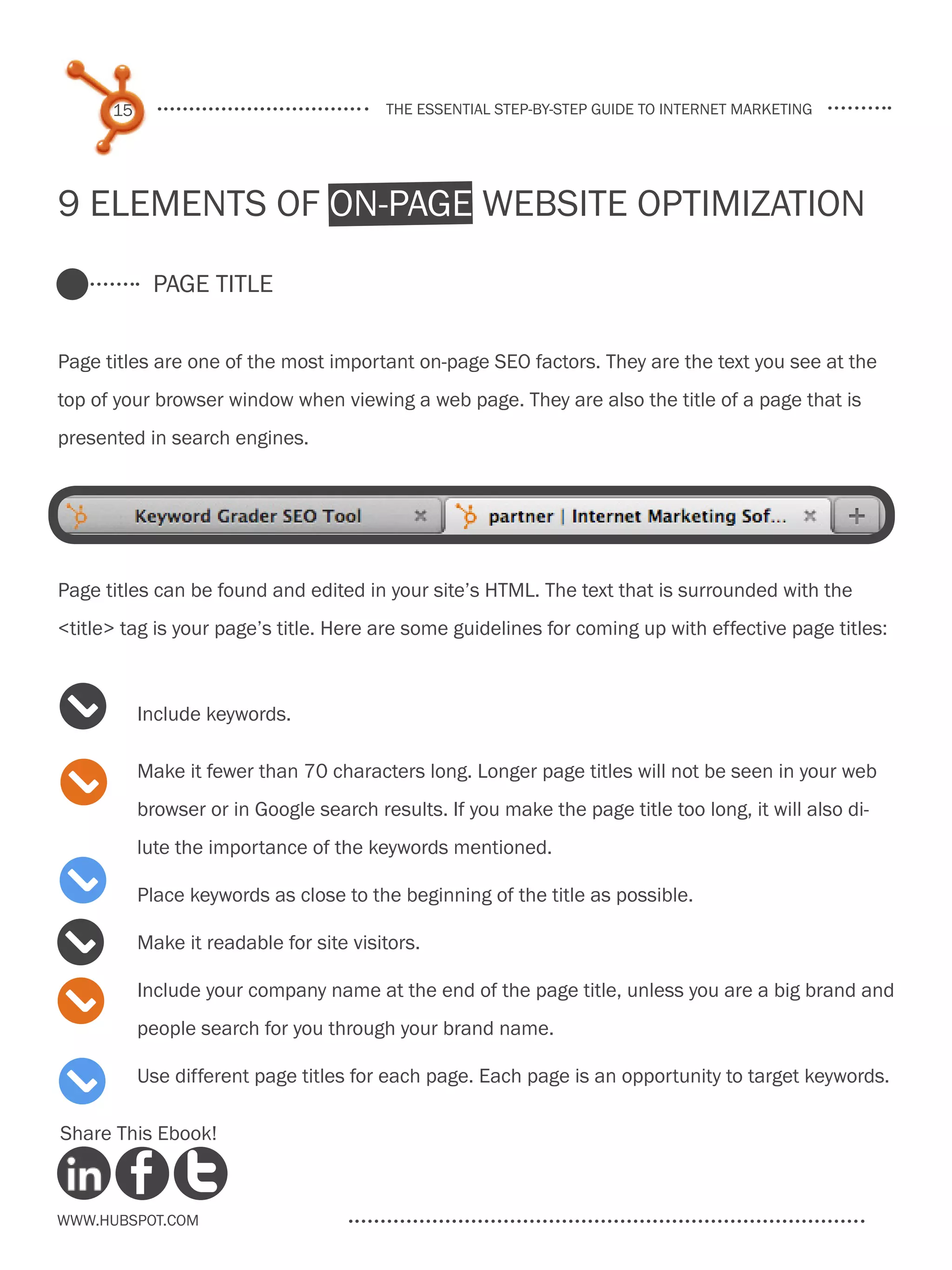 15                                 the essential step-by-step guide to internet marketing




9 Elements of On-Page Website Optimization

            Page Title


Page titles are one of the most important on-page SEO factors. They are the text you see at the
top of your browser window when viewing a web page. They are also the title of a page that is
presented in search engines.




Page titles can be found and edited in your site’s HTML. The text that is surrounded with the
<title> tag is your page’s title. Here are some guidelines for coming up with effective page titles:



2          Include keywords.


2          Make it fewer than 70 characters long. Longer page titles will not be seen in your web
           browser or in Google search results. If you make the page title too long, it will also di-
           lute the importance of the keywords mentioned.

2          Place keywords as close to the beginning of the title as possible.

2          Make it readable for site visitors.


2          Include your company name at the end of the page title, unless you are a big brand and
           people search for you through your brand name.

2          Use different page titles for each page. Each page is an opportunity to target keywords.

Share This Ebook!



www.Hubspot.com
 