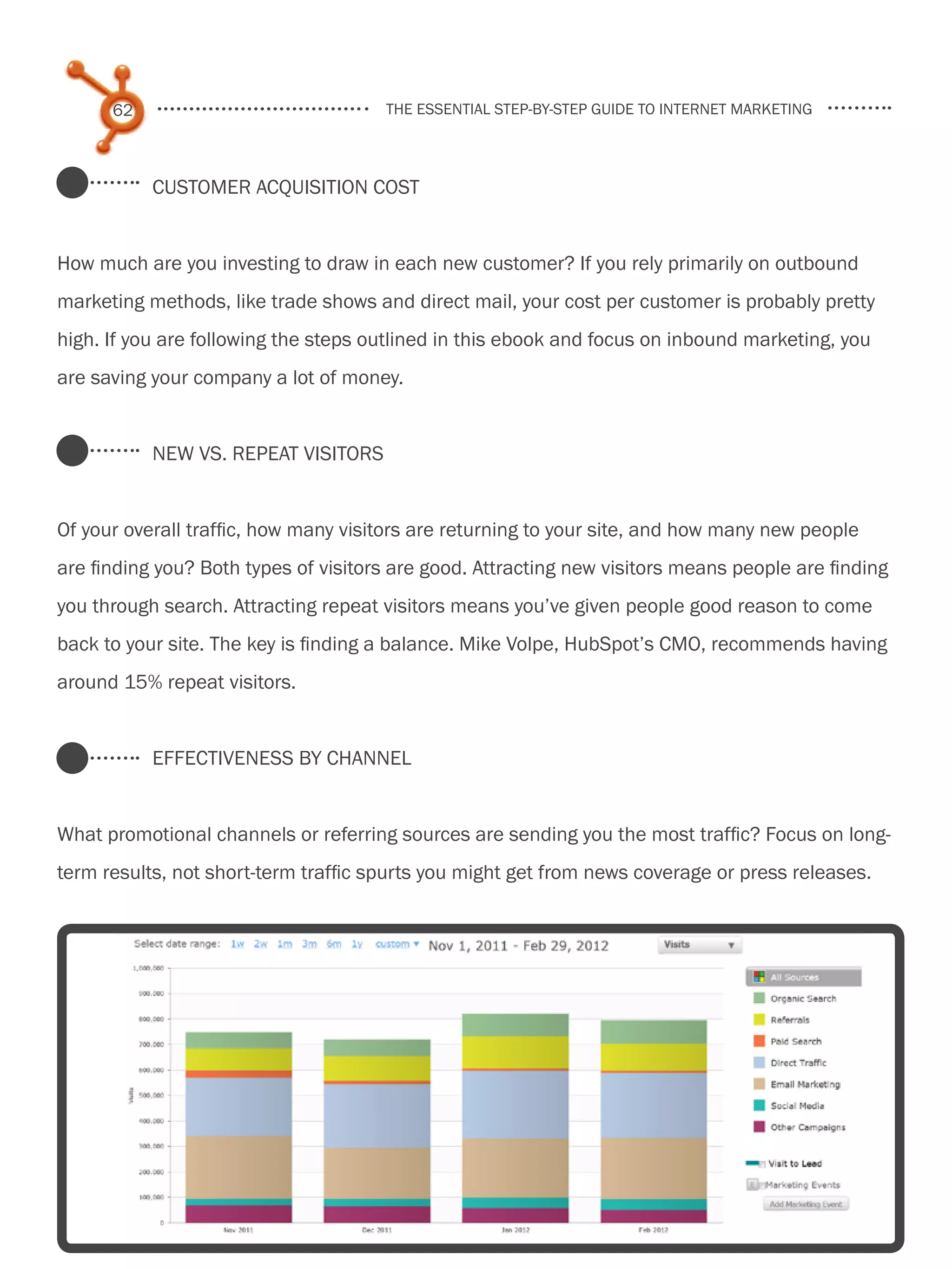 62                              the essential step-by-step guide to internet marketing




           Customer Acquisition Cost


How much are you investing to draw in each new customer? If you rely primarily on outbound
marketing methods, like trade shows and direct mail, your cost per customer is probably pretty
high. If you are following the steps outlined in this ebook and focus on inbound marketing, you
are saving your company a lot of money.


           New vs. Repeat Visitors


Of your overall traffic, how many visitors are returning to your site, and how many new people
are finding you? Both types of visitors are good. Attracting new visitors means people are finding
you through search. Attracting repeat visitors means you’ve given people good reason to come
back to your site. The key is finding a balance. Mike Volpe, HubSpot’s CMO, recommends having
around 15% repeat visitors.


           Effectiveness by Channel


What promotional channels or referring sources are sending you the most traffic? Focus on long-
term results, not short-term traffic spurts you might get from news coverage or press releases.




Share This Ebook!



www.Hubspot.com
 