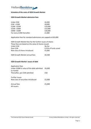 The Essential ISDX Stock Market Guide ©2015 Holland Bendelow Limited. All rights reserved.
Page 12
Schedule of the costs of ISDX Growth Market
ISDX Growth Market admission fees
Under £5M £6,000
£5M - £10M £8,000
£10M - £25M £10,000
£25M - £40M £15,000
£40M - £50M £20,000
For every £10M thereafter £1,000
Application fees for standard admissions are capped at £65,000
ISDX Growth Market fees for the further issues of shares
These fees are based on the value of shares issued:
Under £1M No fee
Over £1M 0.25% of funds raised
New class of shares introduced £5,000
ISDX Growth Market annual fees £6,500
ISDX Growth Market issues of debt
Application fees
Under £50M in value of the debt admitted
to market
£6,000
Thereafter, per £1M admitted £50
Further issues
New class of securities introduced £5,000
Annual fees
All issuers
£5,000
 