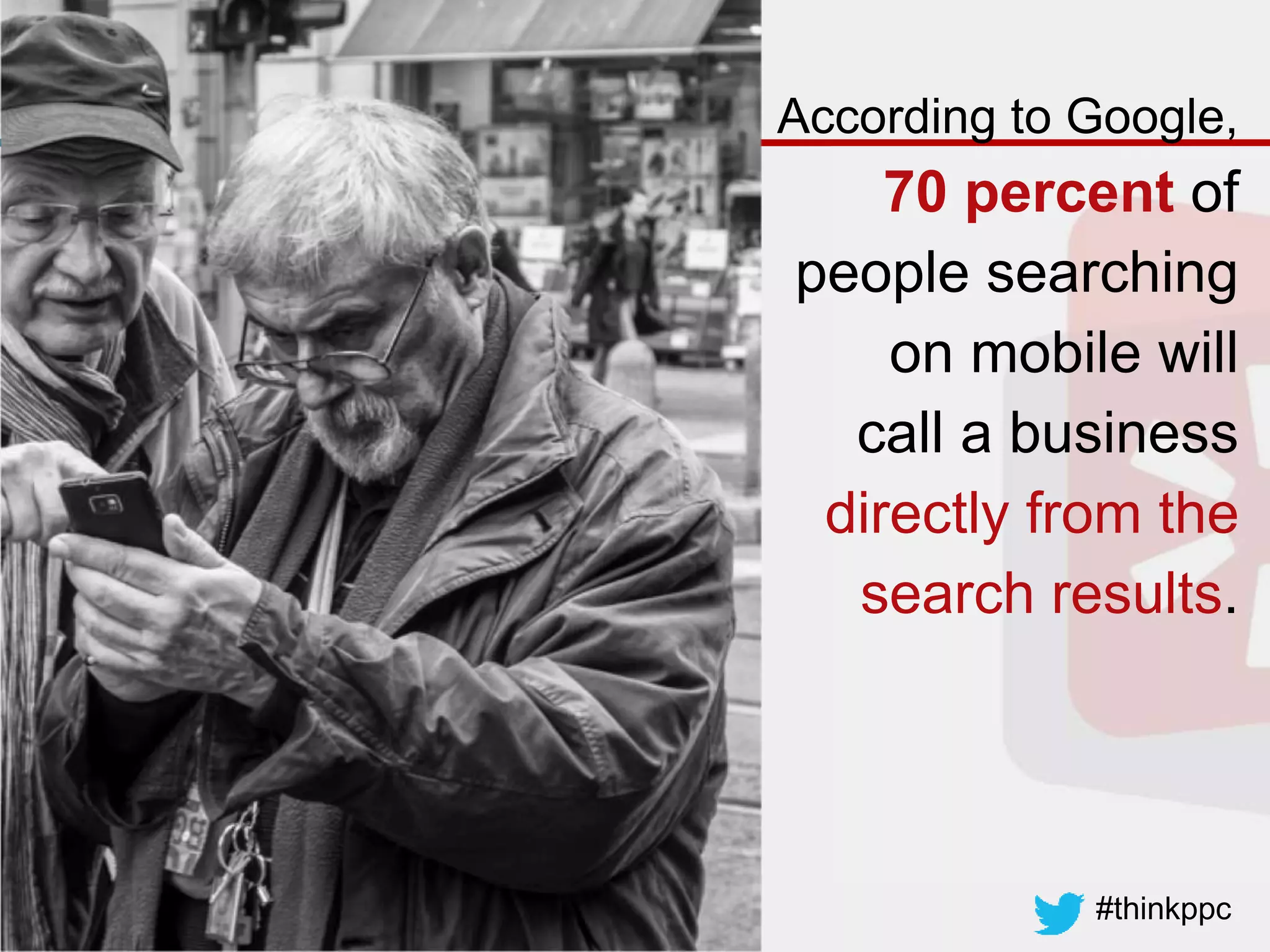 #thinkppc
According to Google,
70 percent of
people searching
on mobile will
call a business
directly from the
search results.
 