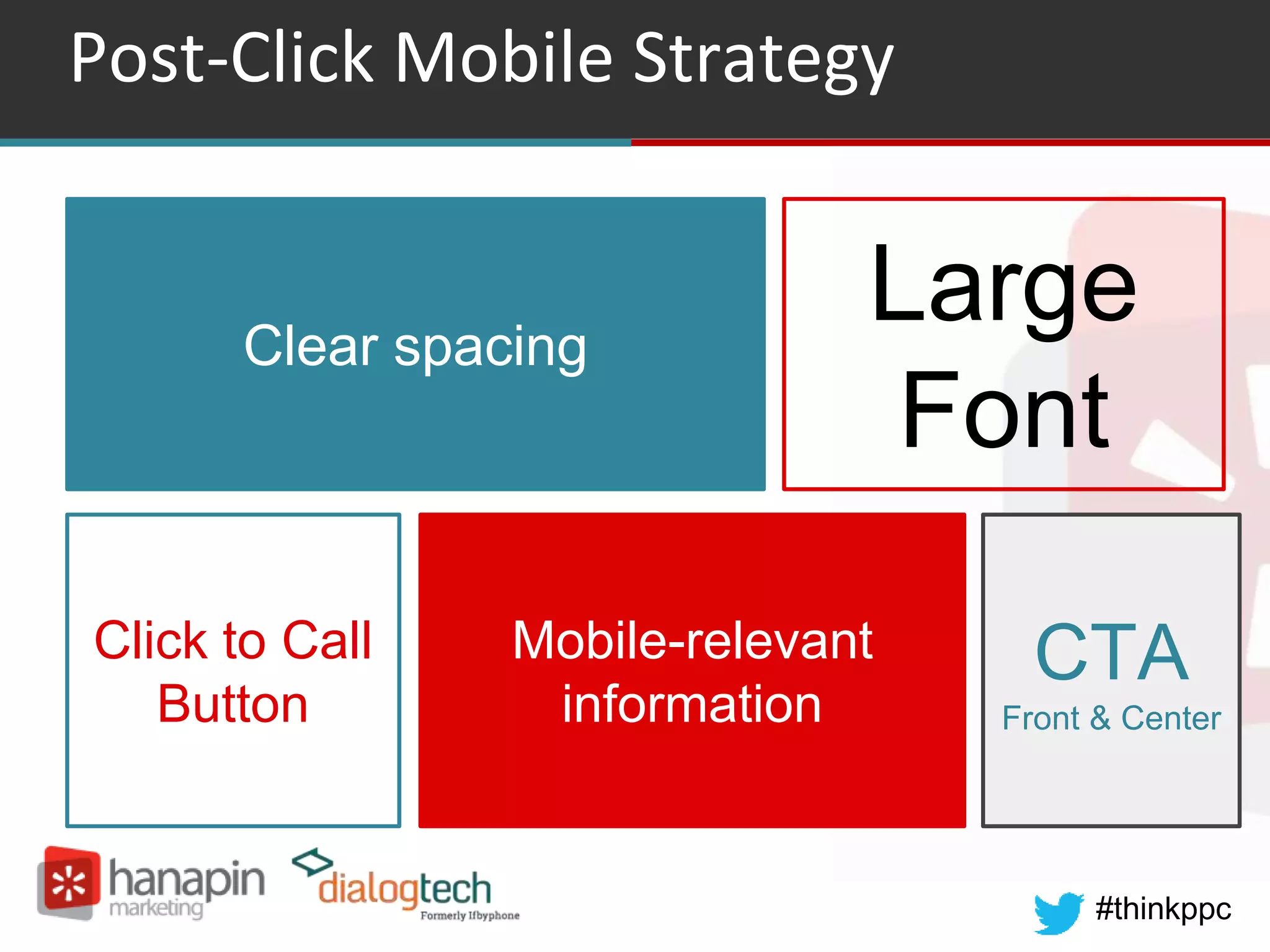 #thinkppc
Post-Click Mobile Strategy
Clear spacing
Large
Font
Click to Call
Button
Mobile-relevant
information
CTA
Front & Center
 