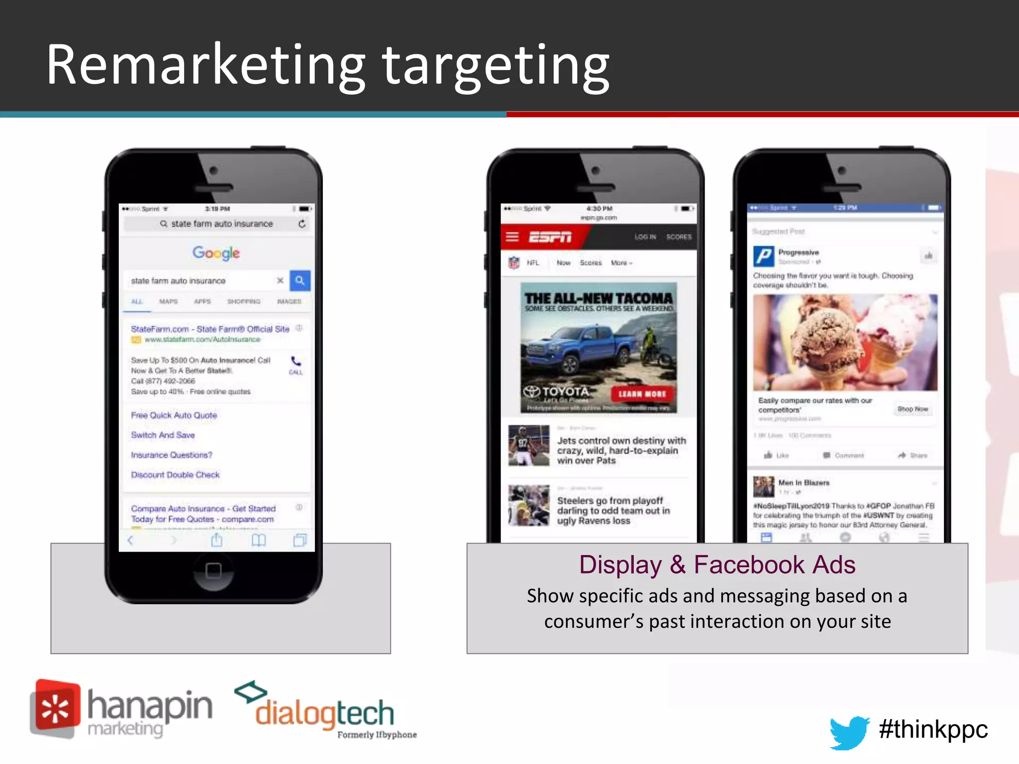 #thinkppc
Target a radius
Remarketing targeting
Tailor ads and bids for searchers who
have previously visited your site
Display & Facebook Ads
Show specific ads and messaging based on a
consumer’s past interaction on your site
Paid Search Ads
 