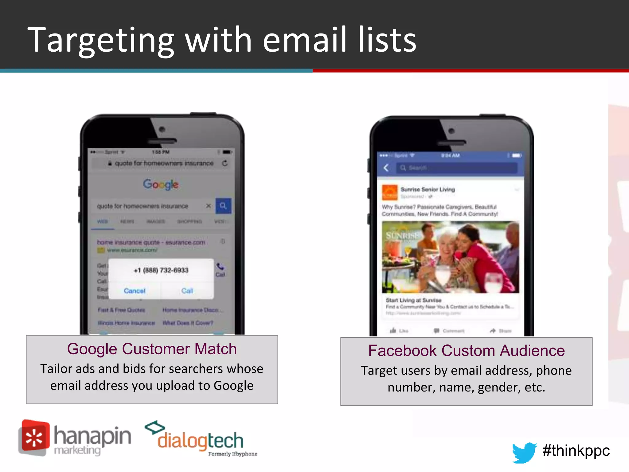 #thinkppc
Target a radius
Targeting with email lists
Facebook Custom Audience
Target users by email address, phone
number, name, gender, etc.
Google Customer Match
Tailor ads and bids for searchers whose
email address you upload to Google
 