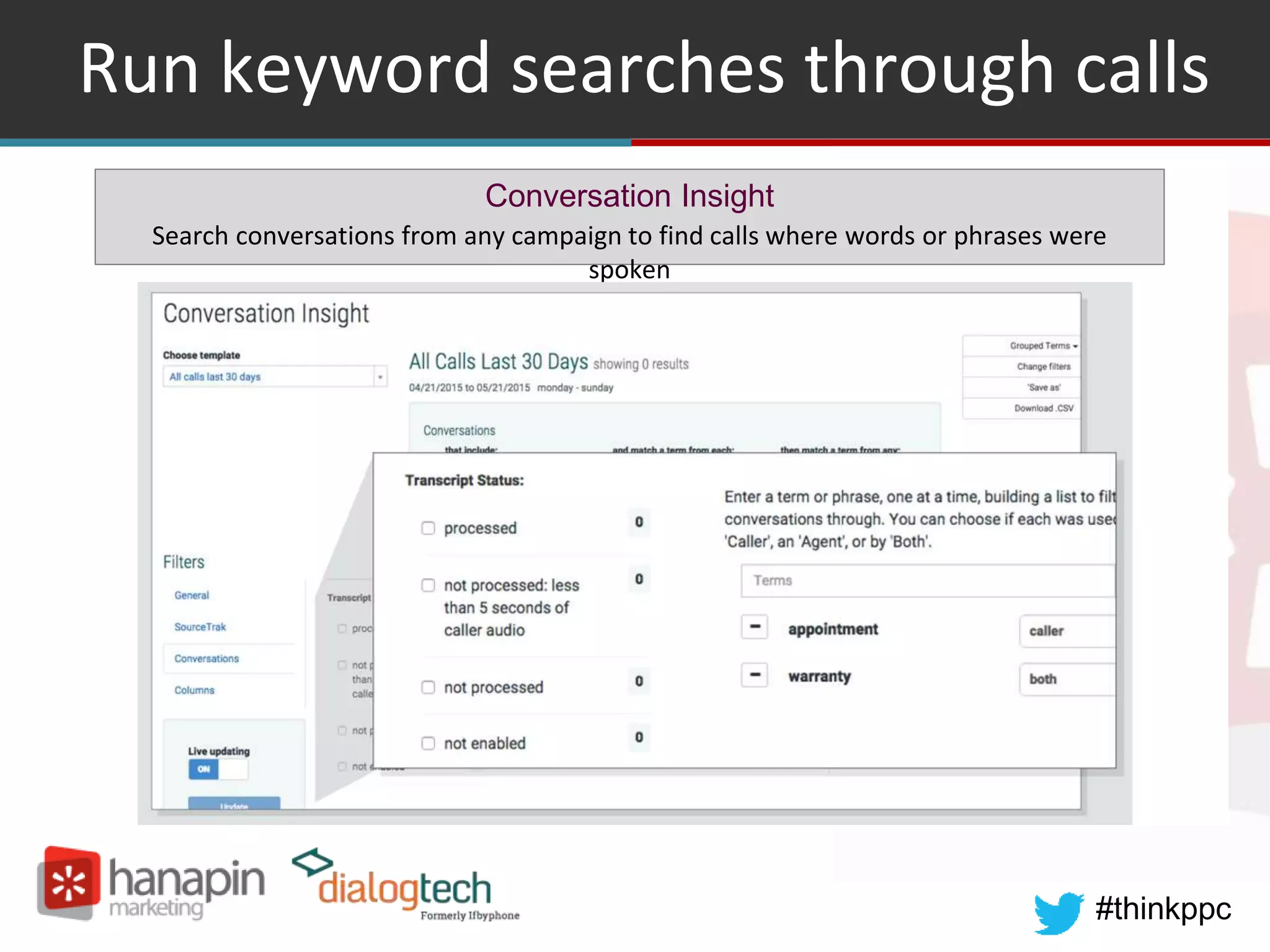 #thinkppc
Run keyword searches through calls
Conversation Insight
Search conversations from any campaign to find calls where words or phrases were
spoken
 