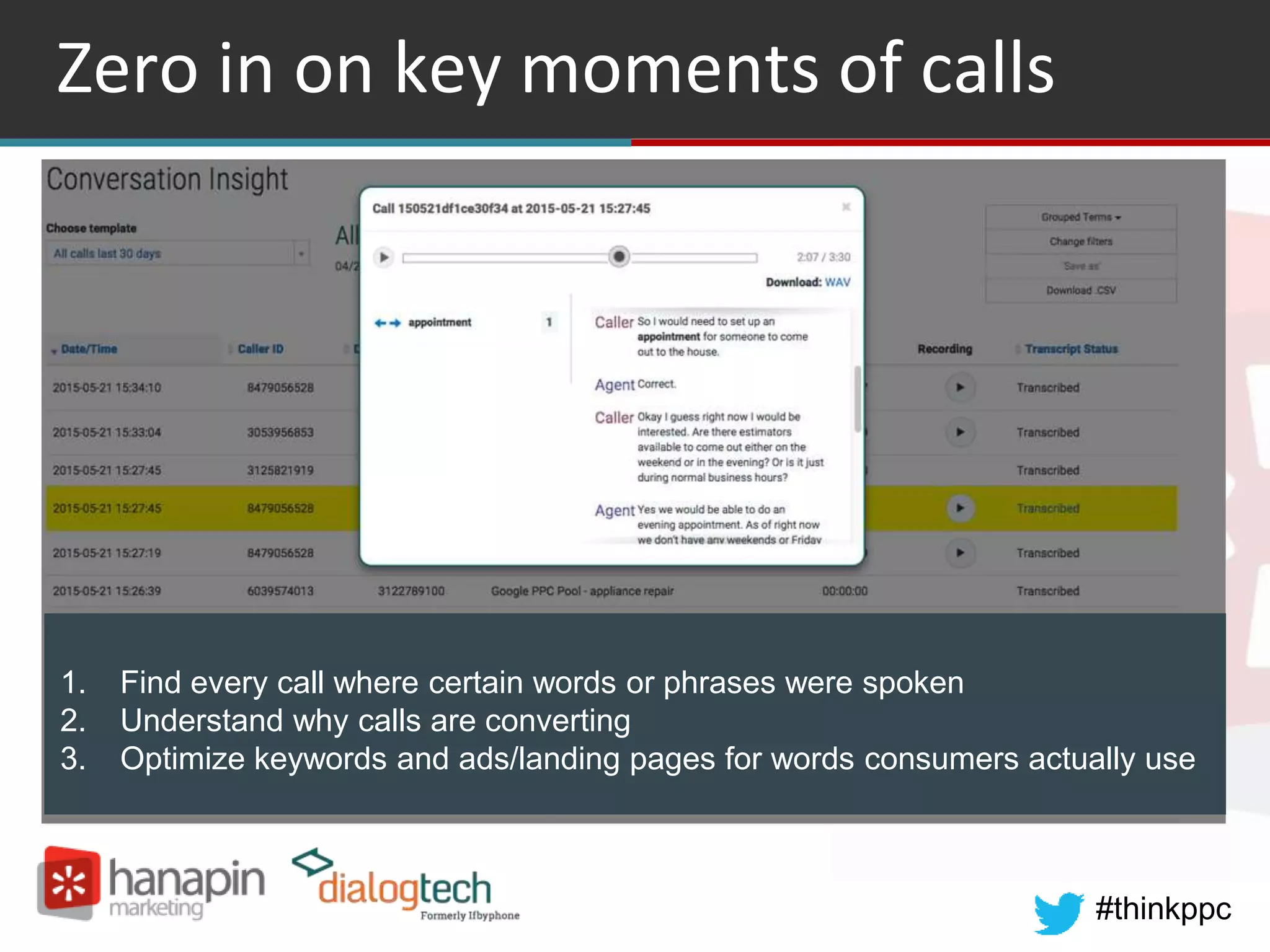 #thinkppc
Zero in on key moments of calls
1. Find every call where certain words or phrases were spoken
2. Understand why calls are converting
3. Optimize keywords and ads/landing pages for words consumers actually use
 