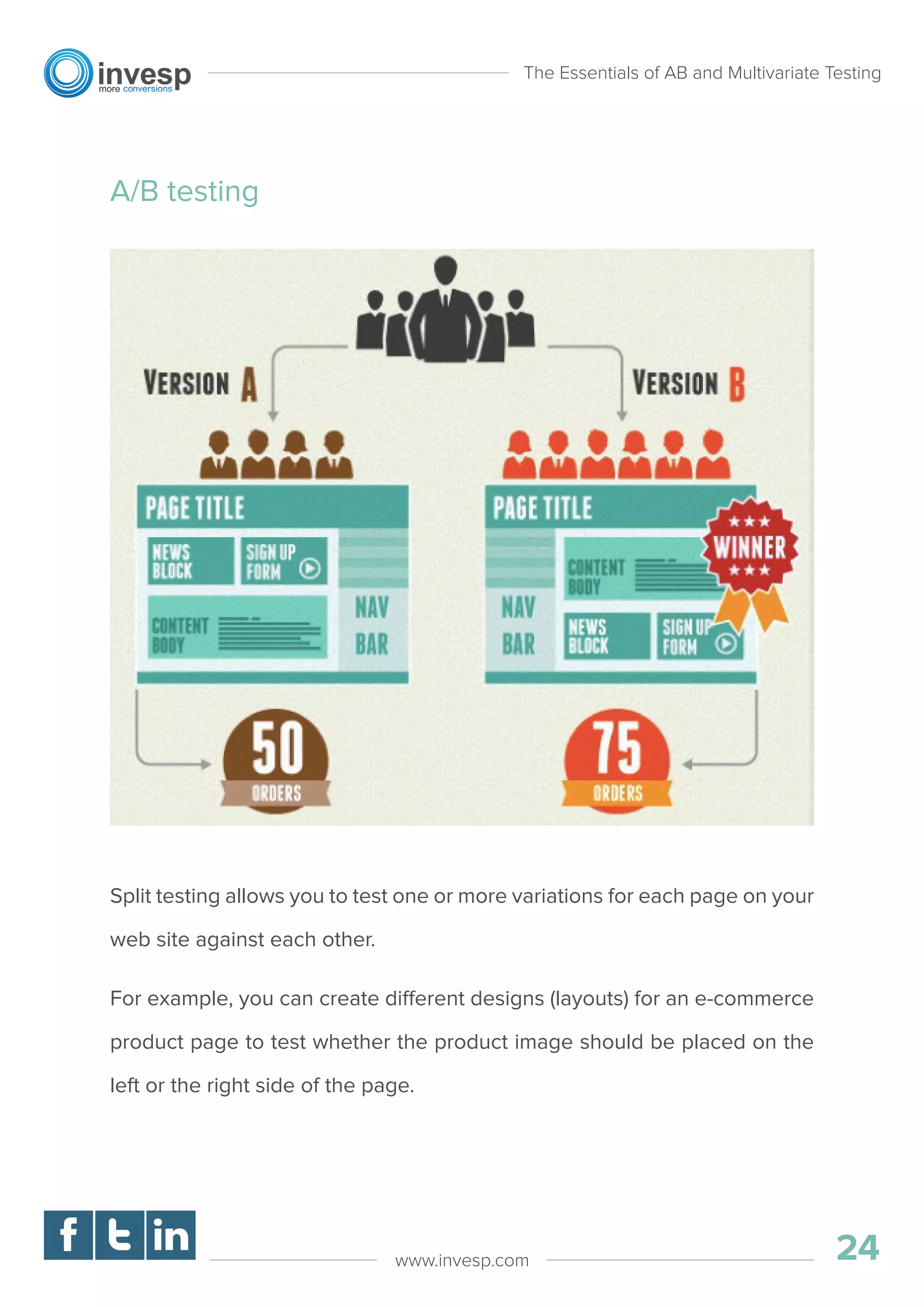 A/B testing
Split testing allows you to test one or more variations for each page on your
web site against each other.
For example, you can create different designs (layouts) for an e-commerce
product page to test whether the product image should be placed on the
left or the right side of the page.
The Essentials of AB and Multivariate Testing
24www.invesp.com
 