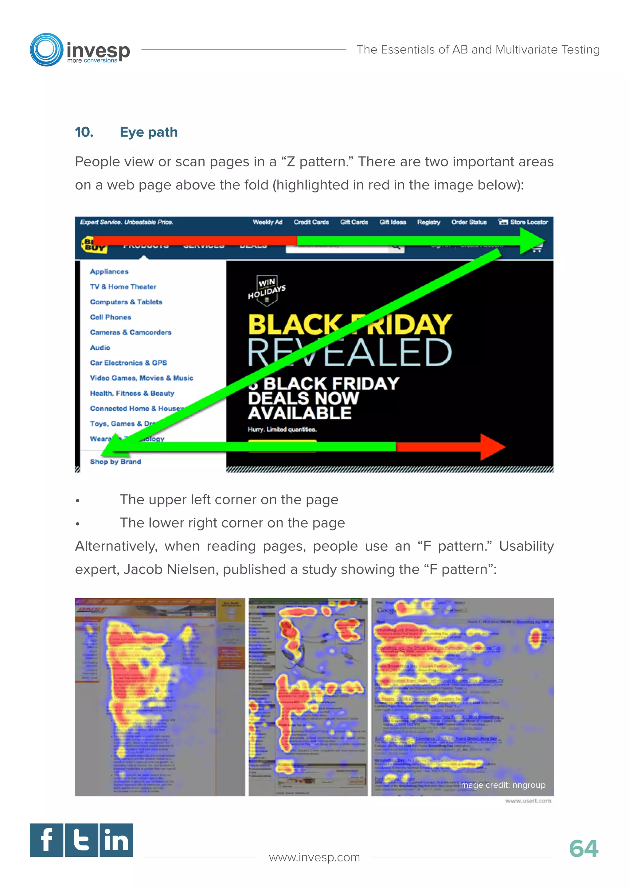 10. Eye path
People view or scan pages in a “Z pattern.” There are two important areas
on a web page above the fold (highlighted in red in the image below):
• The upper left corner on the page
• The lower right corner on the page
Alternatively, when reading pages, people use an “F pattern.” Usability
expert, Jacob Nielsen, published a study showing the “F pattern”:
The Essentials of AB and Multivariate Testing
64www.invesp.com
image credit: nngroup
 