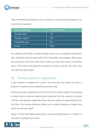 Take the following example of the conversion rate for product pages on an
e-commerce website:
It is obvious that traffic coming through email has an excellent conversion
rate. Compare that to paid traffic from Facebook and Google. Both types
are expensive and cost more than email, yet they have lower conversion
rates. That means focusing the analysis on these sources will drive how
you optimize your page.
10. Testing without a hypothesis
A test without a hypothesis is just a fun exercise that does not have a
long-term impact on the website conversion rate.
Coming up with a hypothesis for the test and the data insights from testing
is where real conversion optimization happens, but this requires a culture
shift for most people, especially those who are experiencing testing for the
ﬁrst time. The testing software allows you to make whatever changes you
want, so why not, right?
Keep in mind that determining why a winning design beats an original is
critical to creating future tests.
The Essentials of AB and Multivariate Testing
101www.invesp.com
Google Paid
Source / Medium
7%
Google organic 14%
Facebook paid 4%
Email 32%
Conversion rate
 