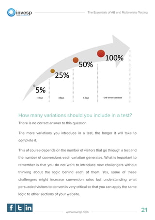 The Essentials of AB and Multivariate Testing
21www.invesp.com
How many variations should you include in a test?
There is no correct answer to this question.
The more variations you introduce in a test, the longer it will take to
complete it.
This of course depends on the number of visitors that go through a test and
the number of conversions each variation generates. What is important to
remember is that you do not want to introduce new challengers without
thinking about the logic behind each of them. Yes, some of these
challengers might increase conversion rates but understanding what
persuaded visitors to convert is very critical so that you can apply the same
logic to other sections of your website.
 