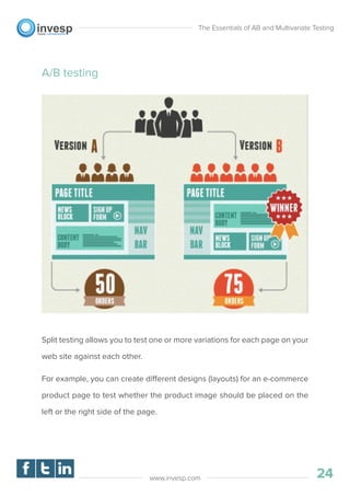 A/B testing
Split testing allows you to test one or more variations for each page on your
web site against each other.
For example, you can create different designs (layouts) for an e-commerce
product page to test whether the product image should be placed on the
left or the right side of the page.
The Essentials of AB and Multivariate Testing
24www.invesp.com
 