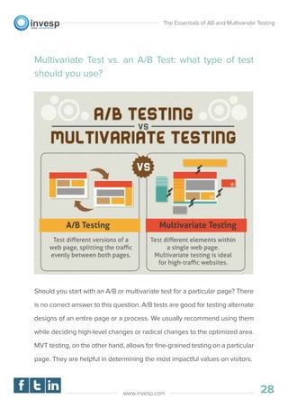 The Essentials of AB and Multivariate Testing
28www.invesp.com
Multivariate Test vs. an A/B Test: what type of test
should you use?
Should you start with an A/B or multivariate test for a particular page? There
is no correct answer to this question. A/B tests are good for testing alternate
designs of an entire page or a process. We usually recommend using them
while deciding high-level changes or radical changes to the optimized area.
MVT testing, on the other hand, allows for ﬁne-grained testing on a particular
page. They are helpful in determining the most impactful values on visitors.
 