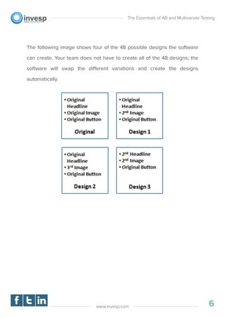 The following image shows four of the 48 possible designs the software
can create. Your team does not have to create all of the 48 designs; the
software will swap the different variations and create the designs
automatically.
The Essentials of AB and Multivariate Testing
6www.invesp.com
 
