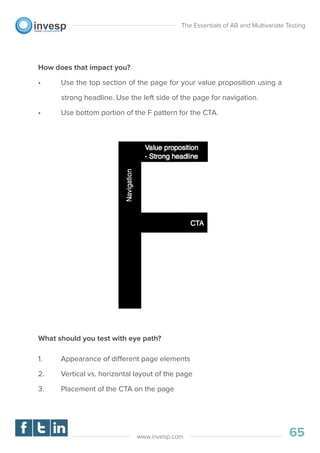 How does that impact you?
• Use the top section of the page for your value proposition using a
strong headline. Use the left side of the page for navigation.
• Use bottom portion of the F pattern for the CTA.
What should you test with eye path?
1. Appearance of different page elements
2. Vertical vs. horizontal layout of the page
3. Placement of the CTA on the page
The Essentials of AB and Multivariate Testing
65www.invesp.com
 